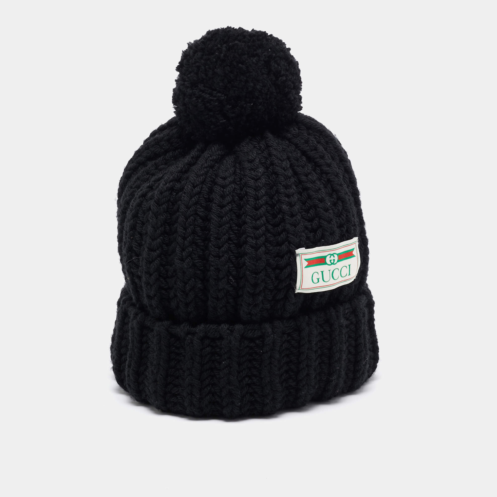 Gucci Black Rib Knit Wool Pom Pom Beanie M