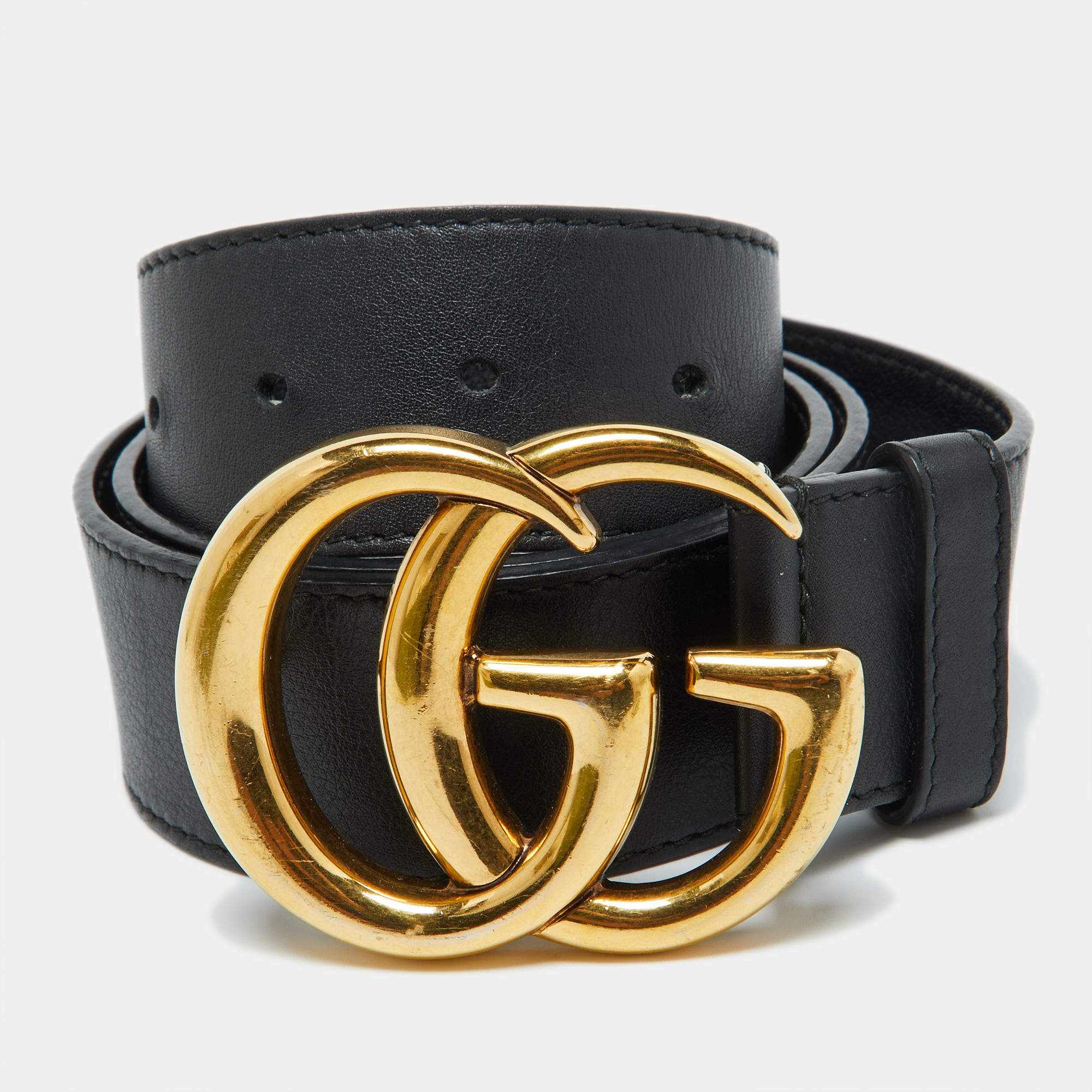 Pre Owned Gucci Black Leather GG Marmont Buckle Belt 85CM