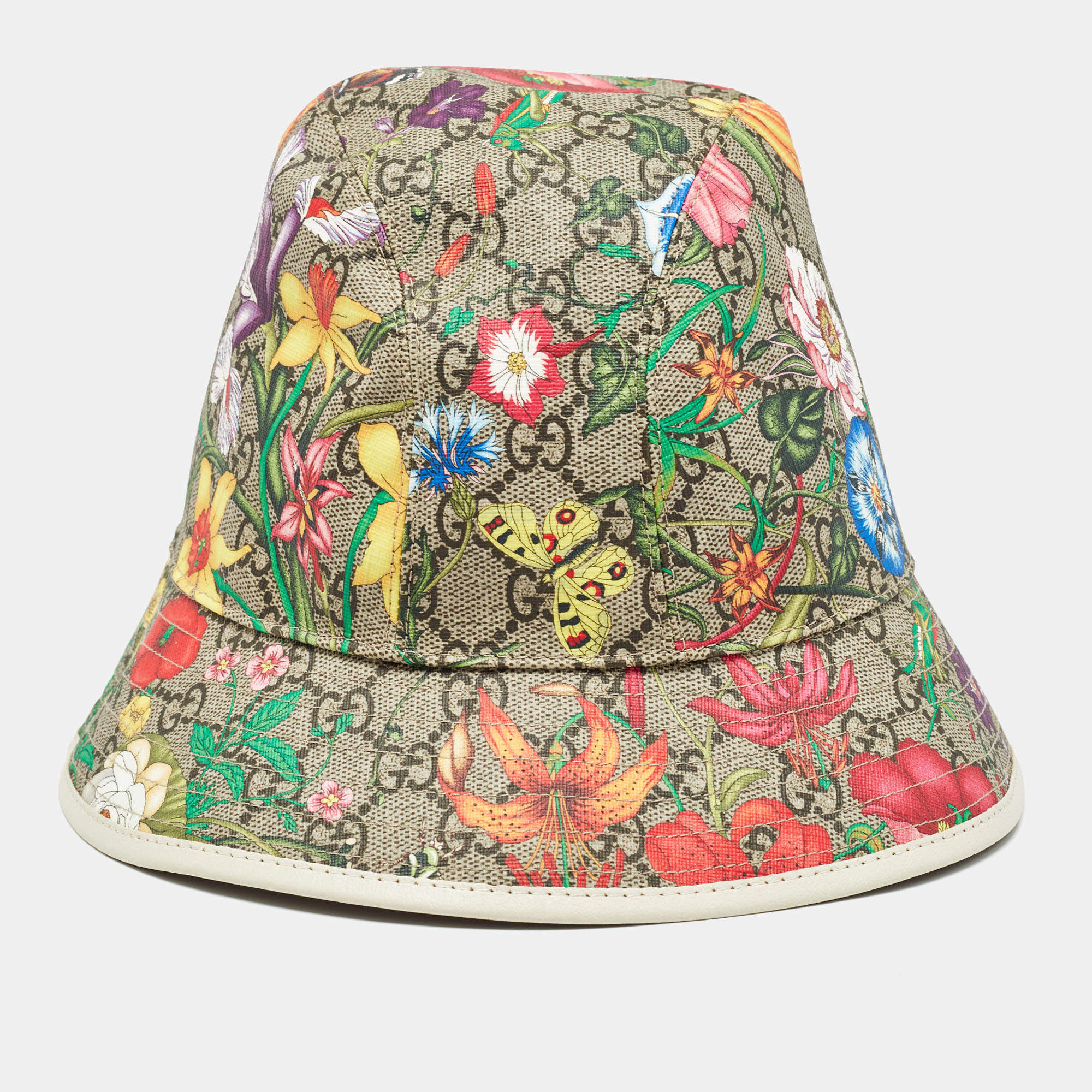 Pre Owned Gucci Multicolor GG Floral Print Coated Canvas Leather Trimmed Bucket Hat L