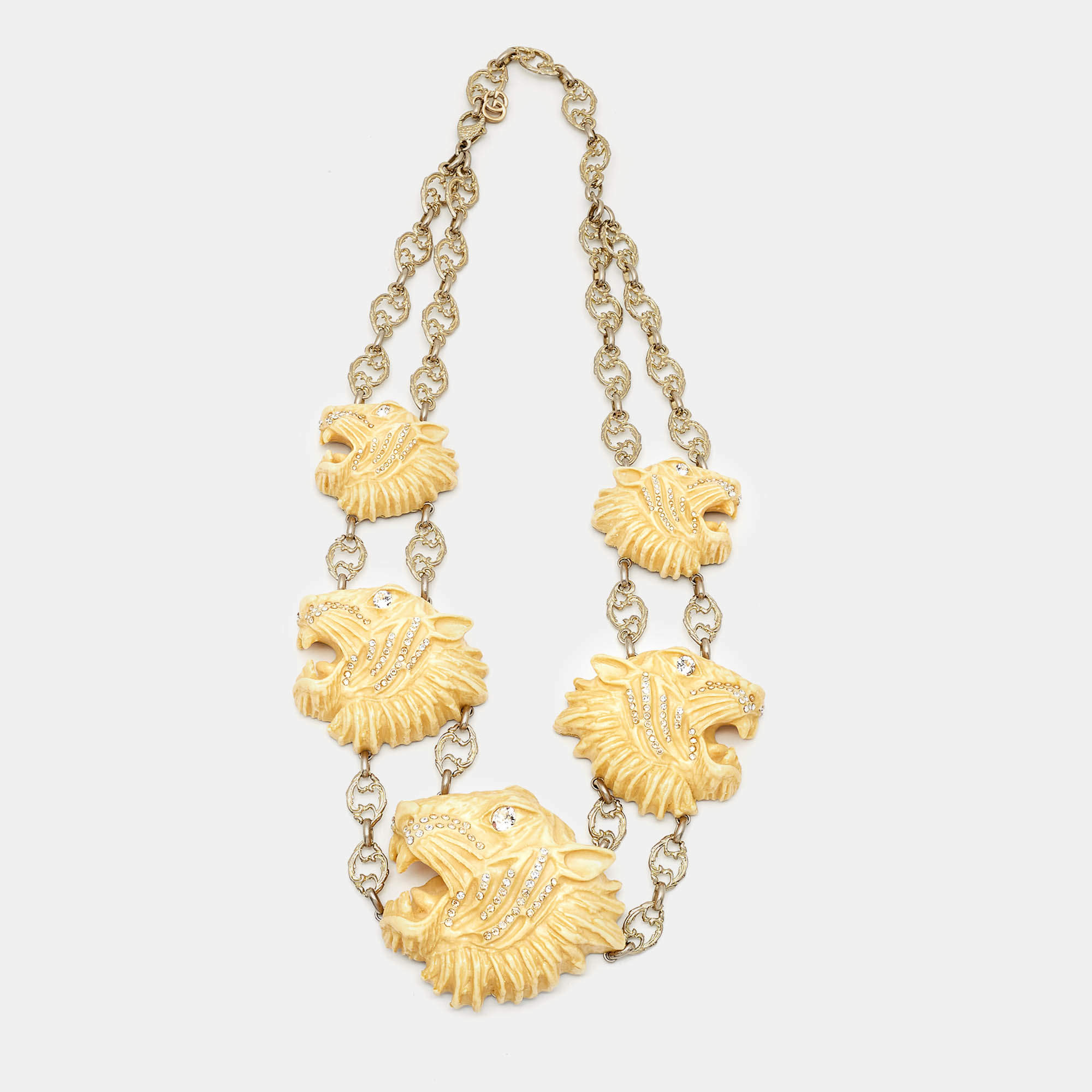 Pre Owned Gucci Lion Head Crystals Resin Antique Finish Gold Tone Necklace