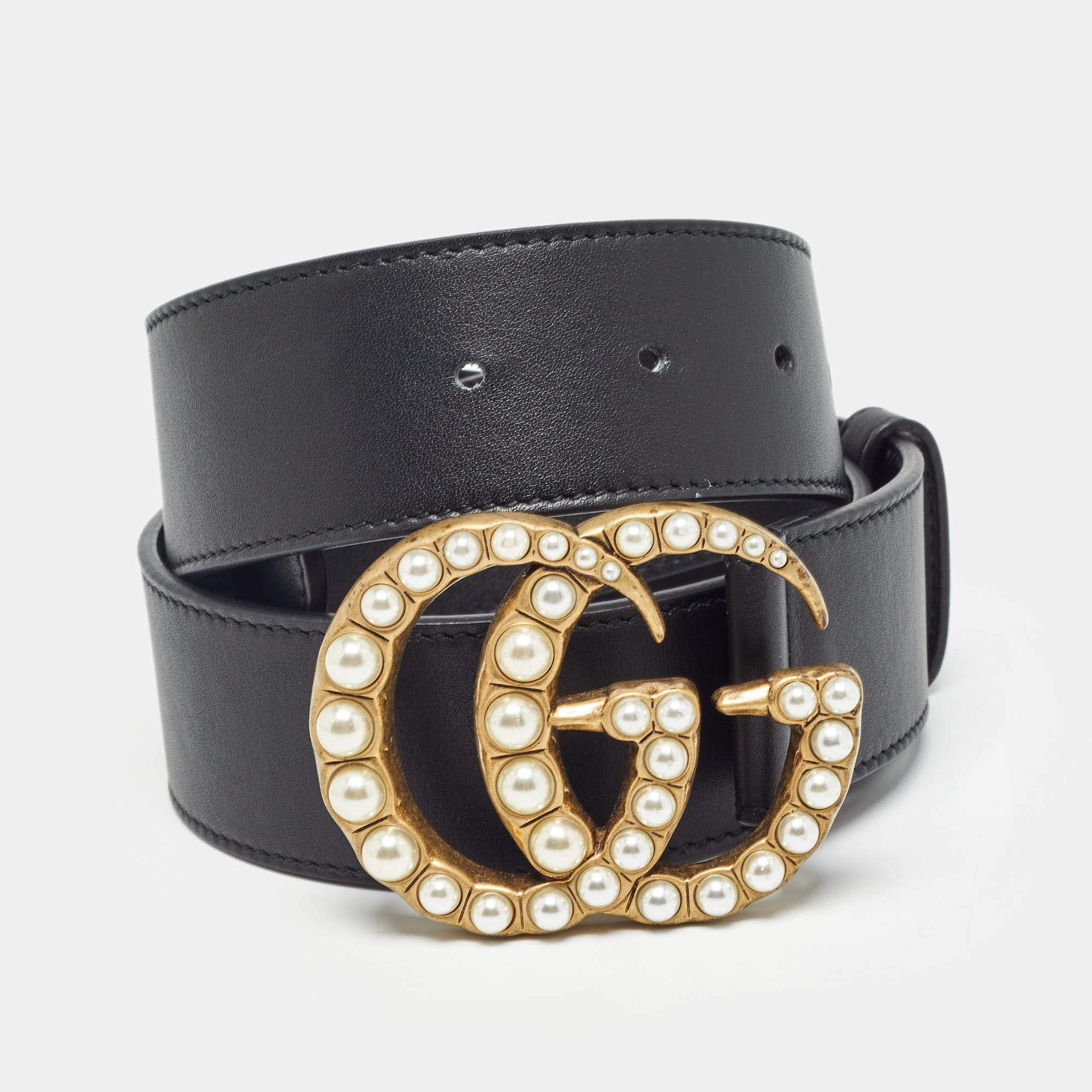 Pre Owned Gucci Black Leather Pearl Double G Buckle Belt 80 CM