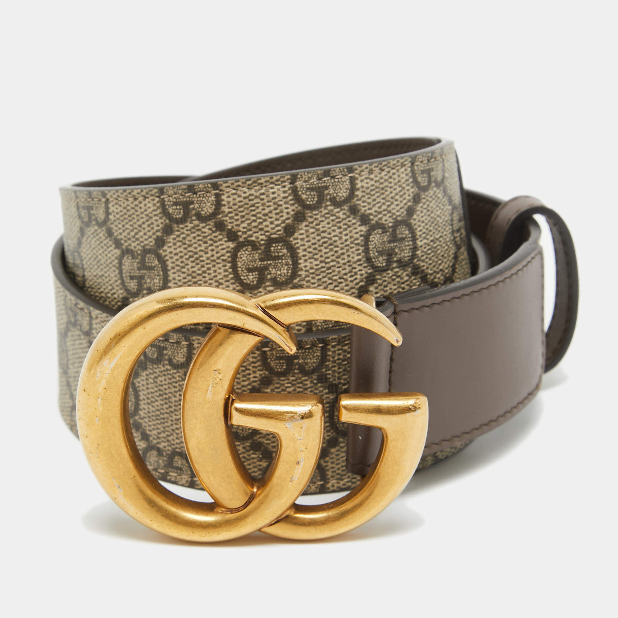 Pre Owned Gucci Beige/Brown GG Supreme Canvas and Leather GG Marmont Buckle Belt 85 CM