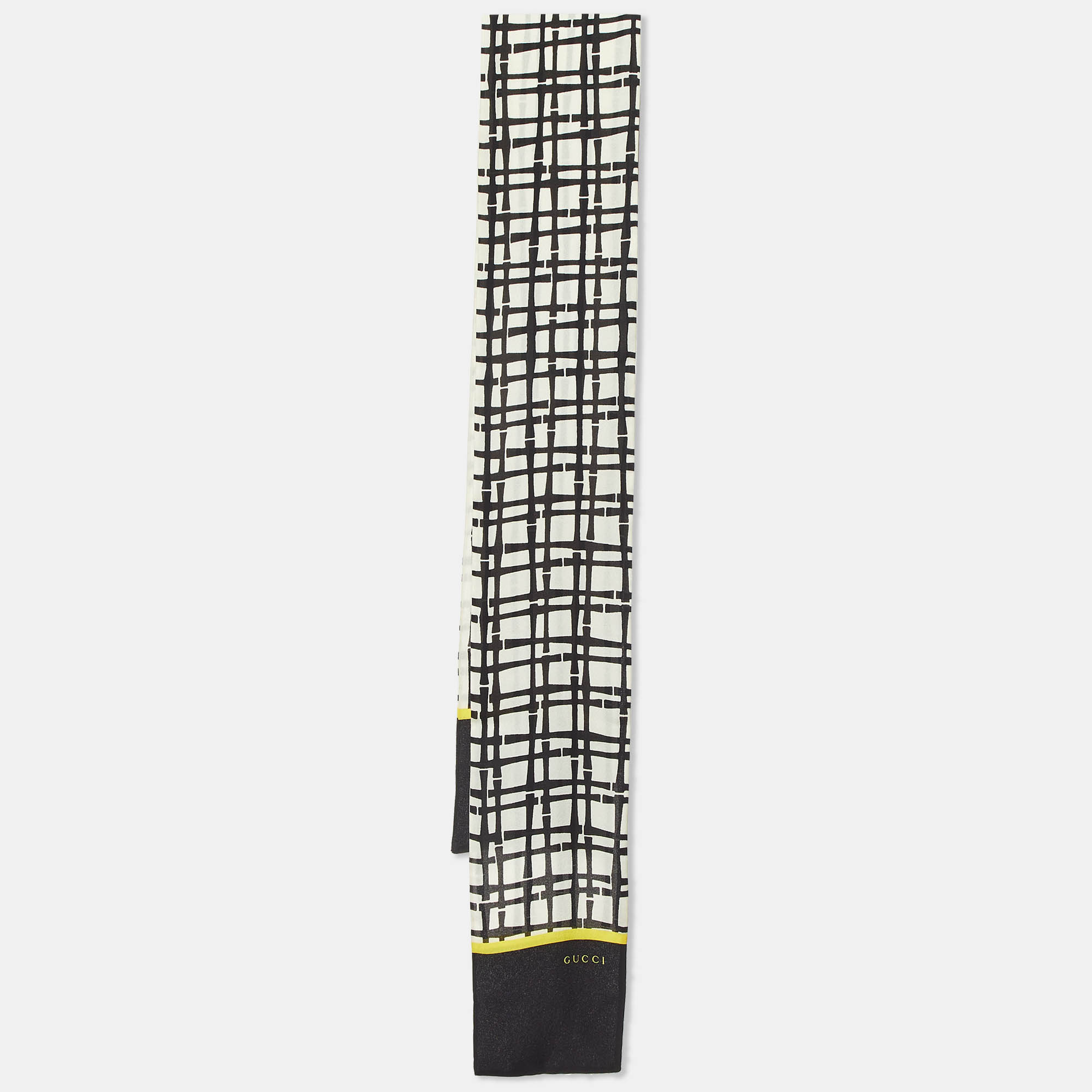 Pre Owned Gucci Monochrome Check Print Silk Narrow Stole 