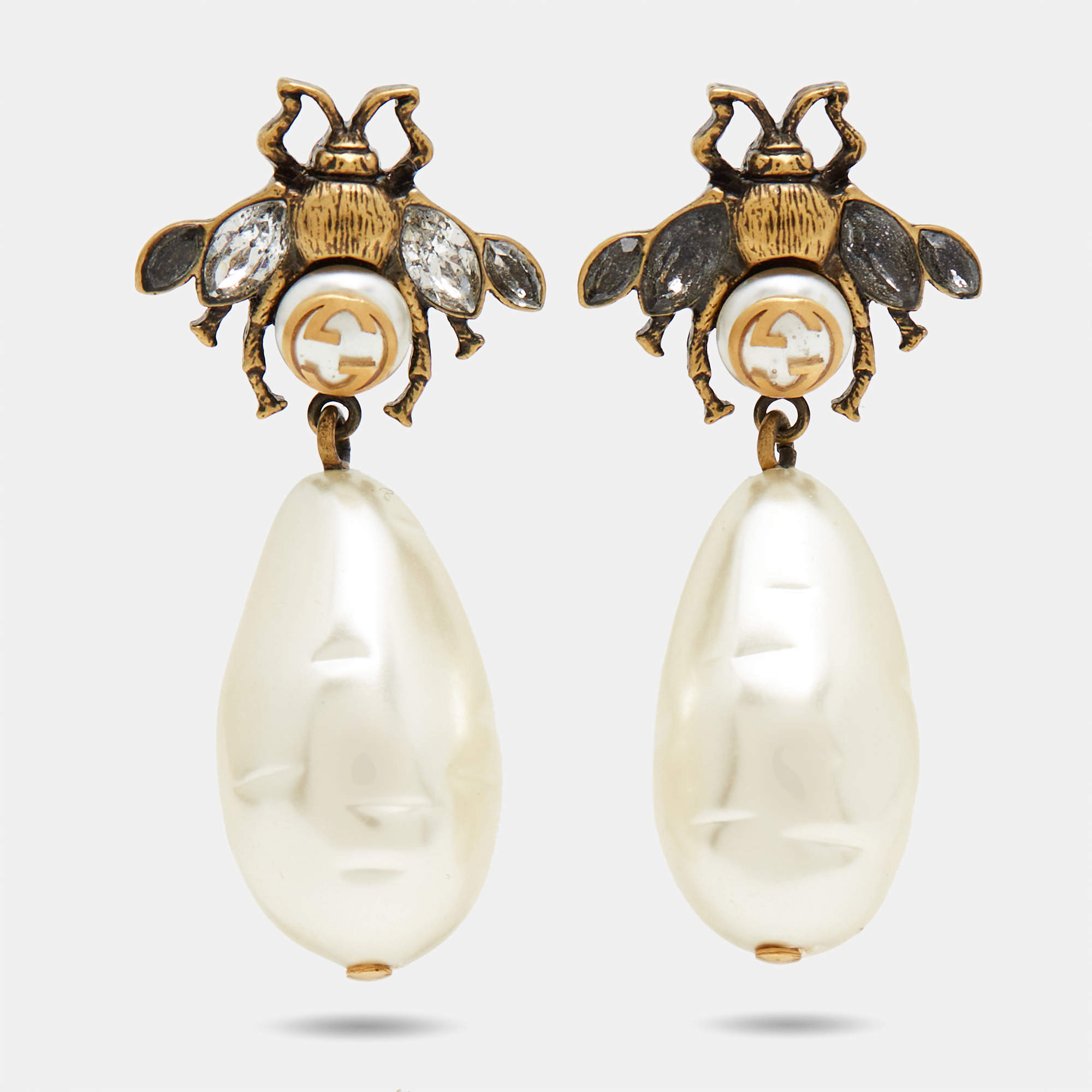 Gucci Bee Faux Pearl Crystals Gold Tone Drop Earrings Gucci TLC US
