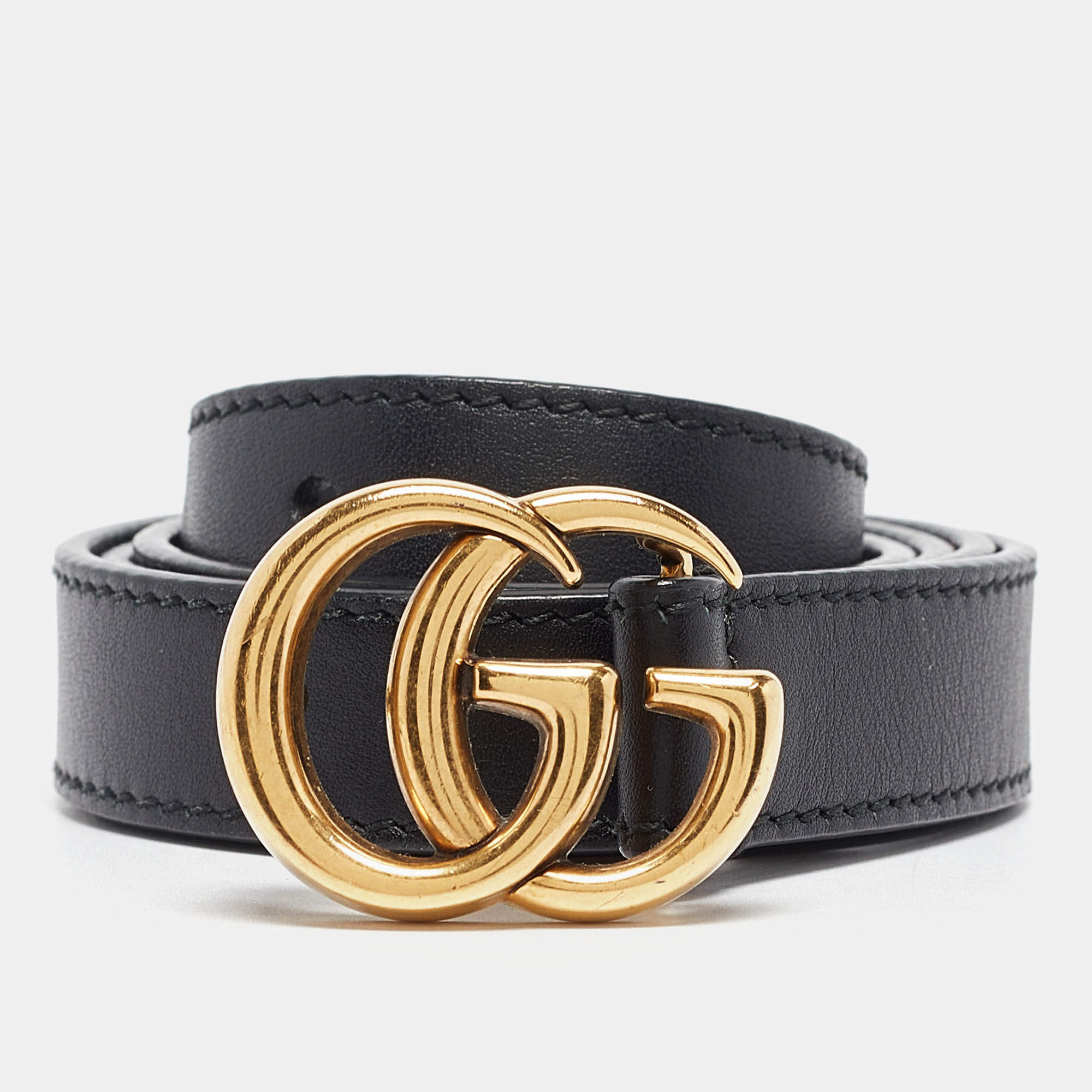 Gucci Black Leather GG Marmont Slim Buckle Belt 80CM