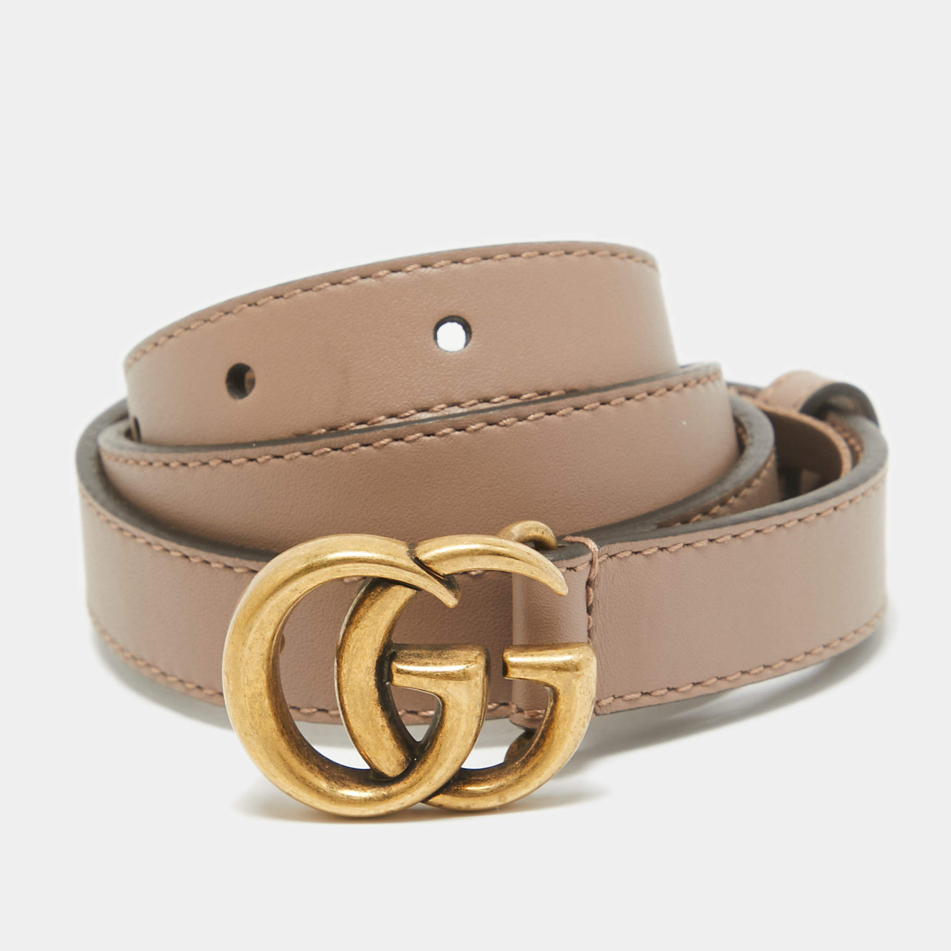 Pre Owned Gucci Dusty Pink Leather GG Marmont Slim Belt 75 CM