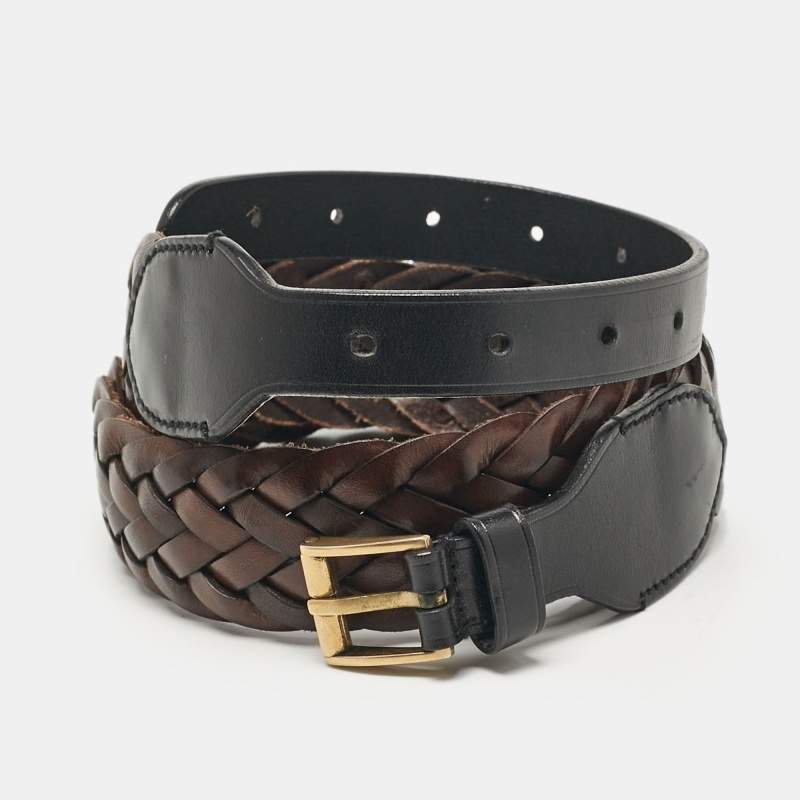 مملوكة مسبقًا Gucci Brown/Black Braided Leather Buckle Belt 85 CM