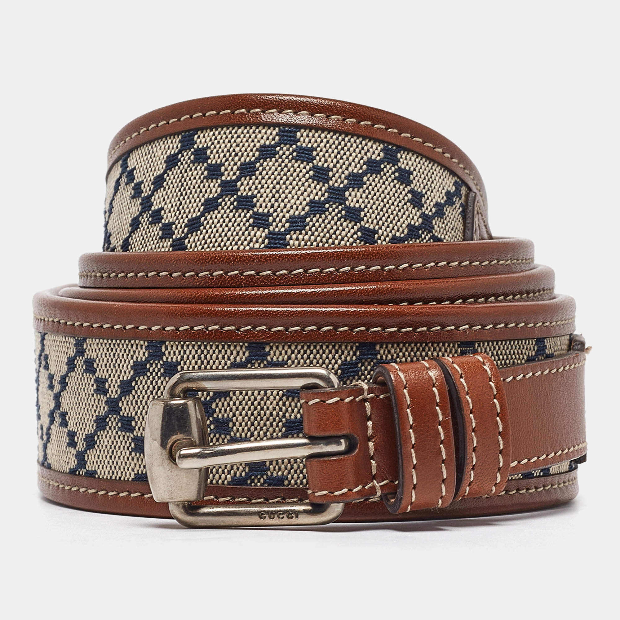 Gucci Beige/Brown Diamante Canvas and Leather Buckle Belt 105 CM