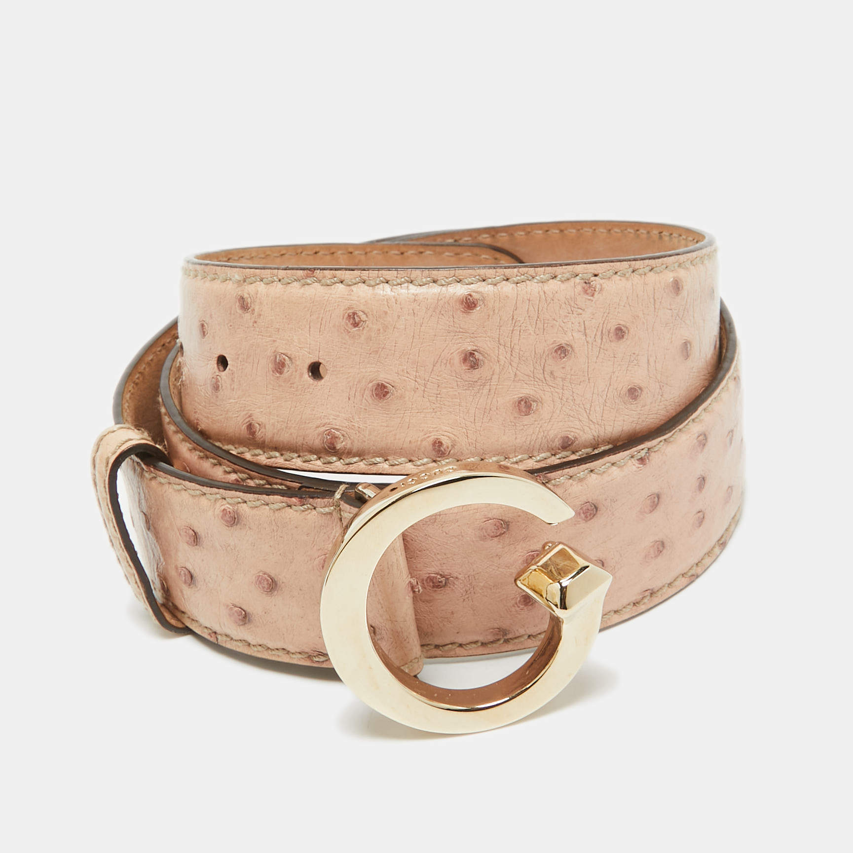 Gucci Beige Ostrich Leather G Buckle Belt 85CM