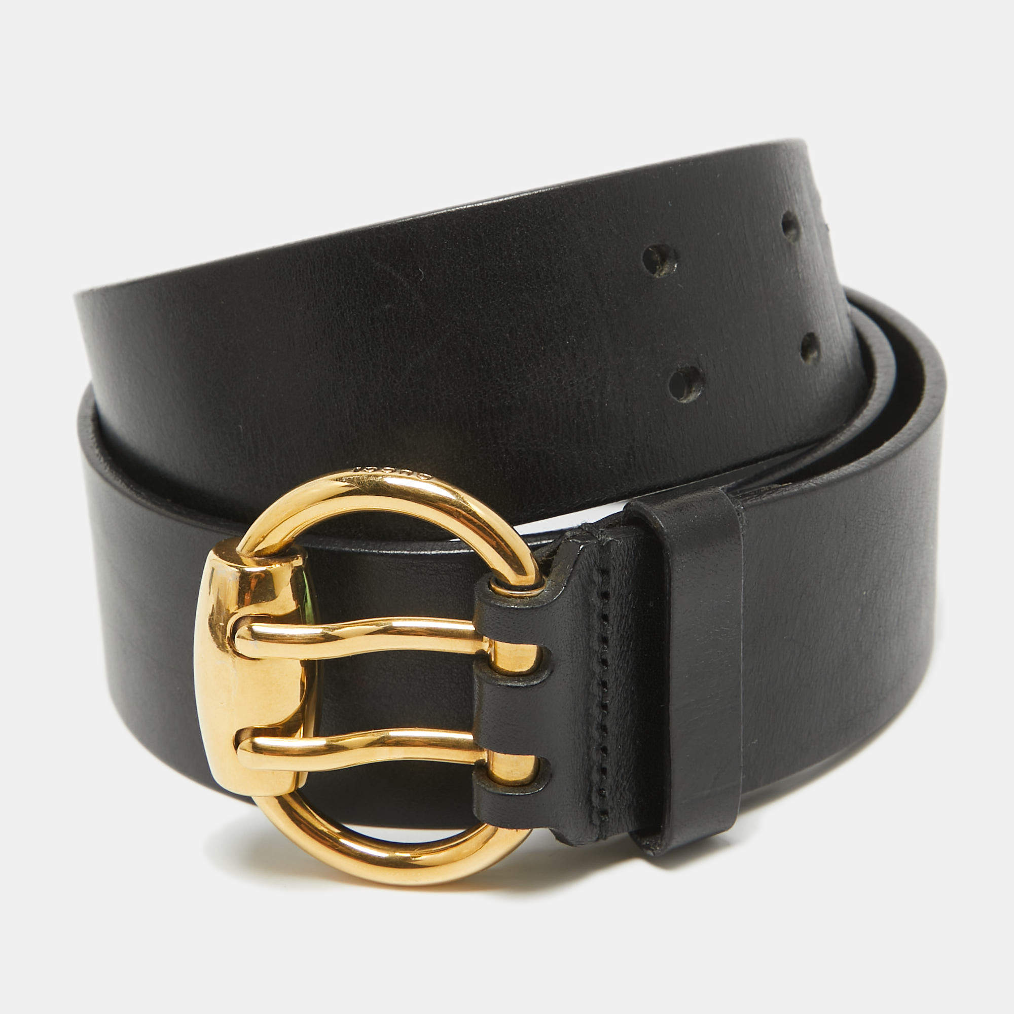 مملوكة مسبقًا Gucci Black Leather Horsebit Round Buckle Belt 95CM