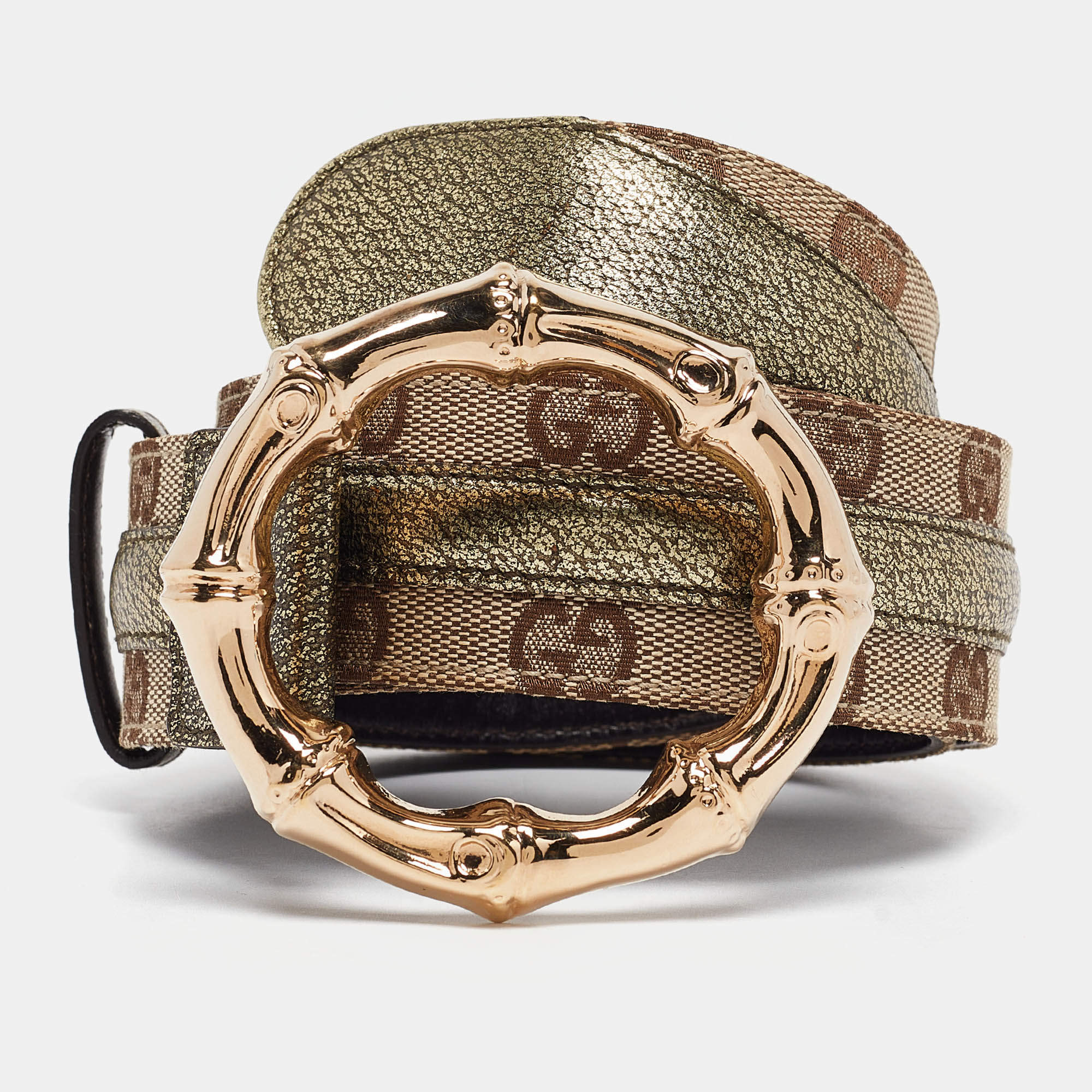 Pre Owned Gucci Beige Beige/Green GG Canvas and Leather Metal Bamboo Ring Belt 85CM