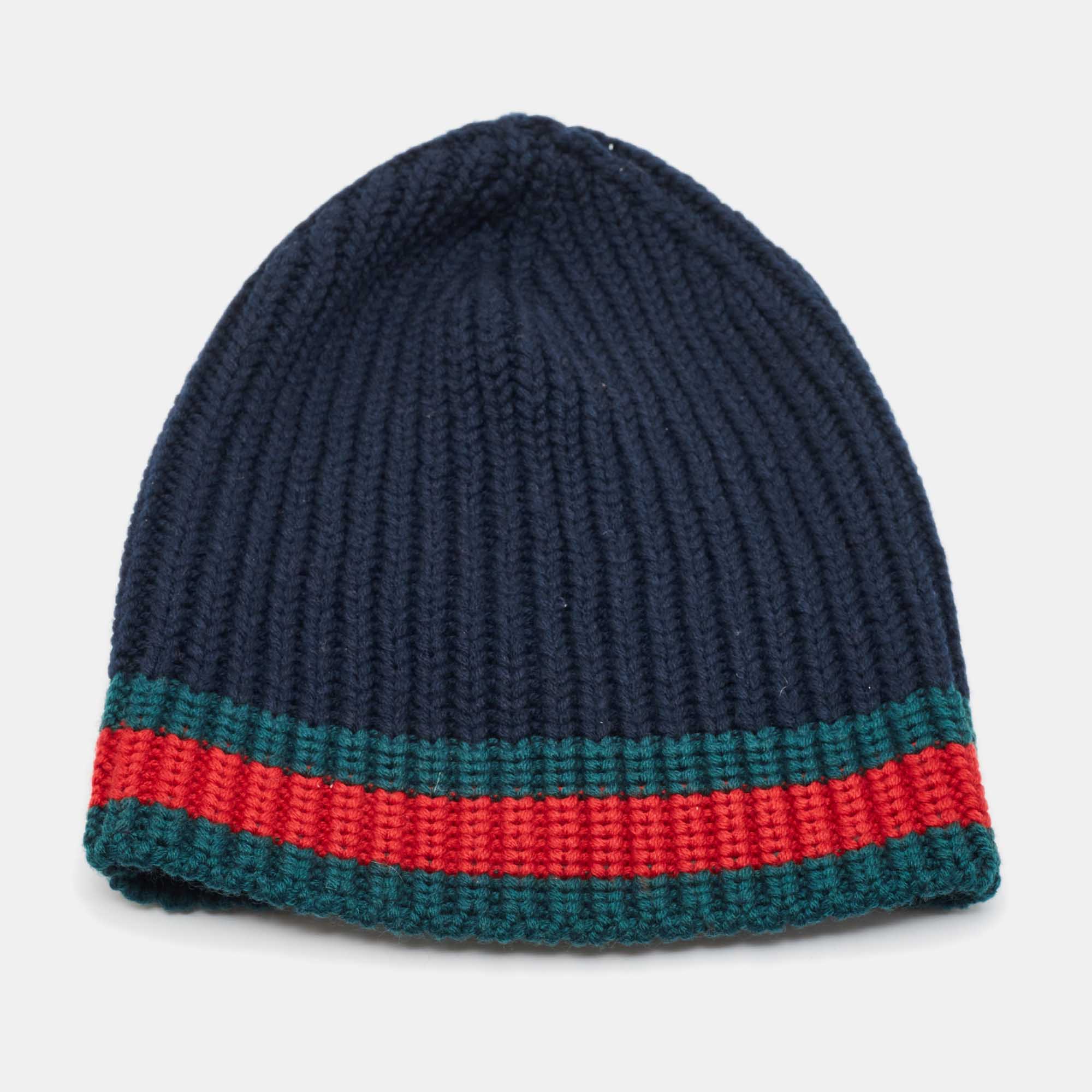Gucci Black Web Rib Knit Wool Beanie M