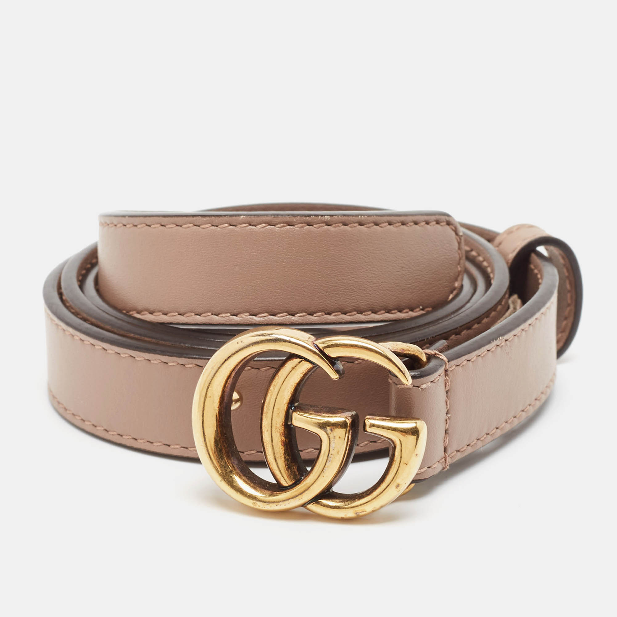 Gucci Light Pink Leather GG Marmont Slim Buckle Belt 85CM