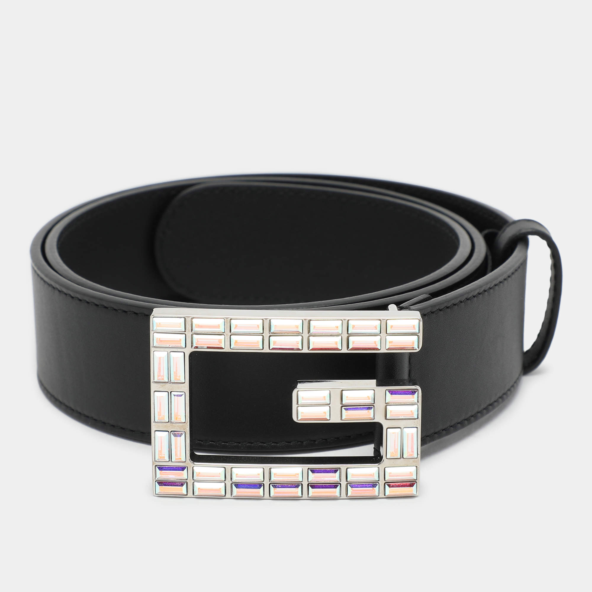 Gucci Black Leather Crystal Embellished G Buckle Belt 80CM