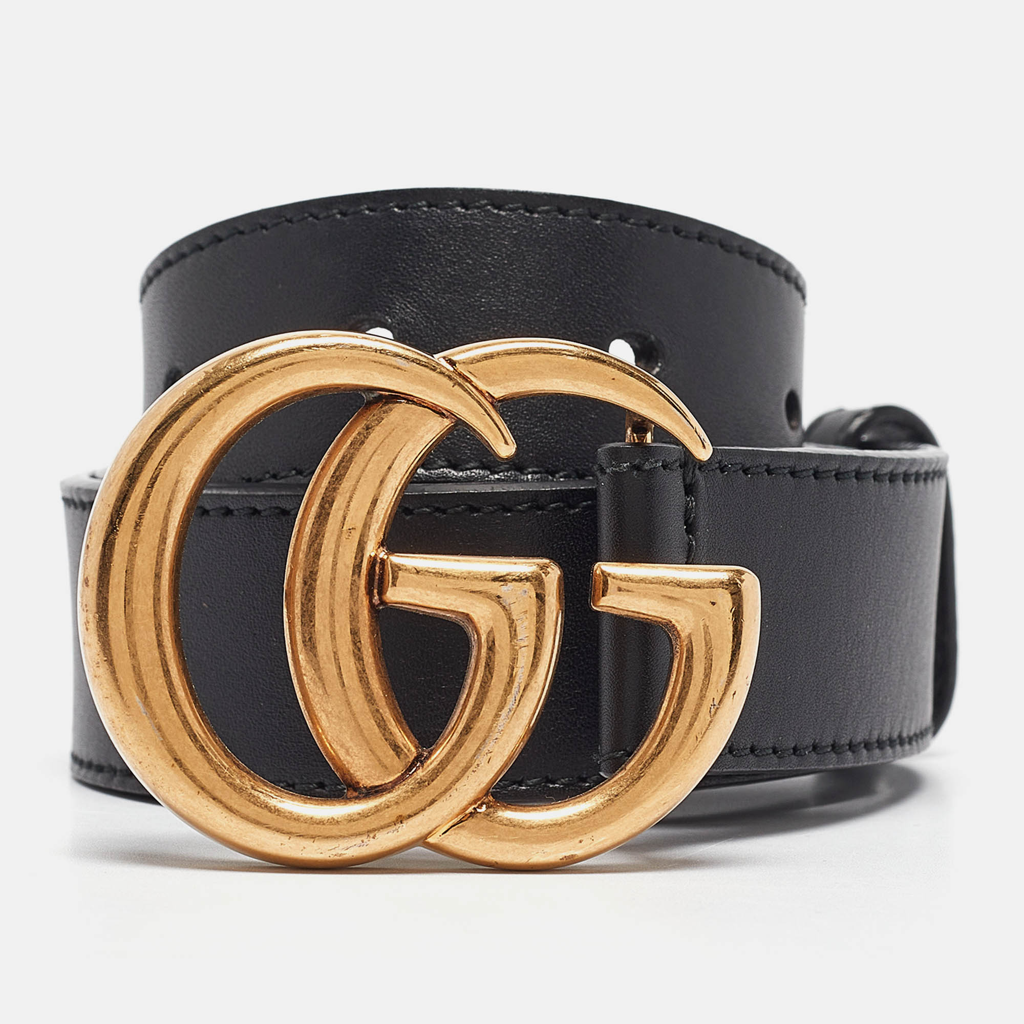 Pre Owned Gucci Black Leather GG Marmont Buckle Belt 80CM