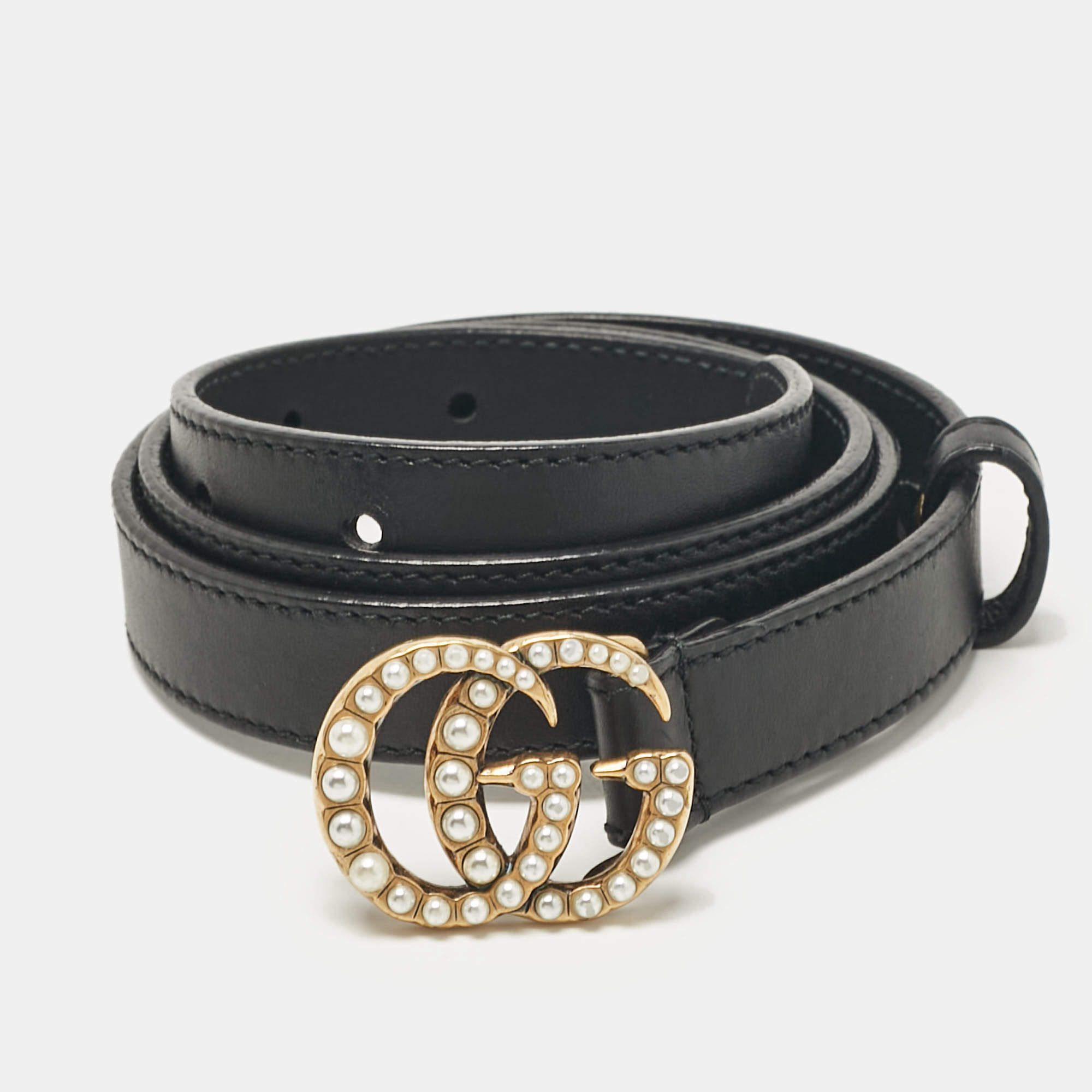 Gucci Black Leather GG Marmont Pearl Embellished Buckle Slim Belt 80 CM
