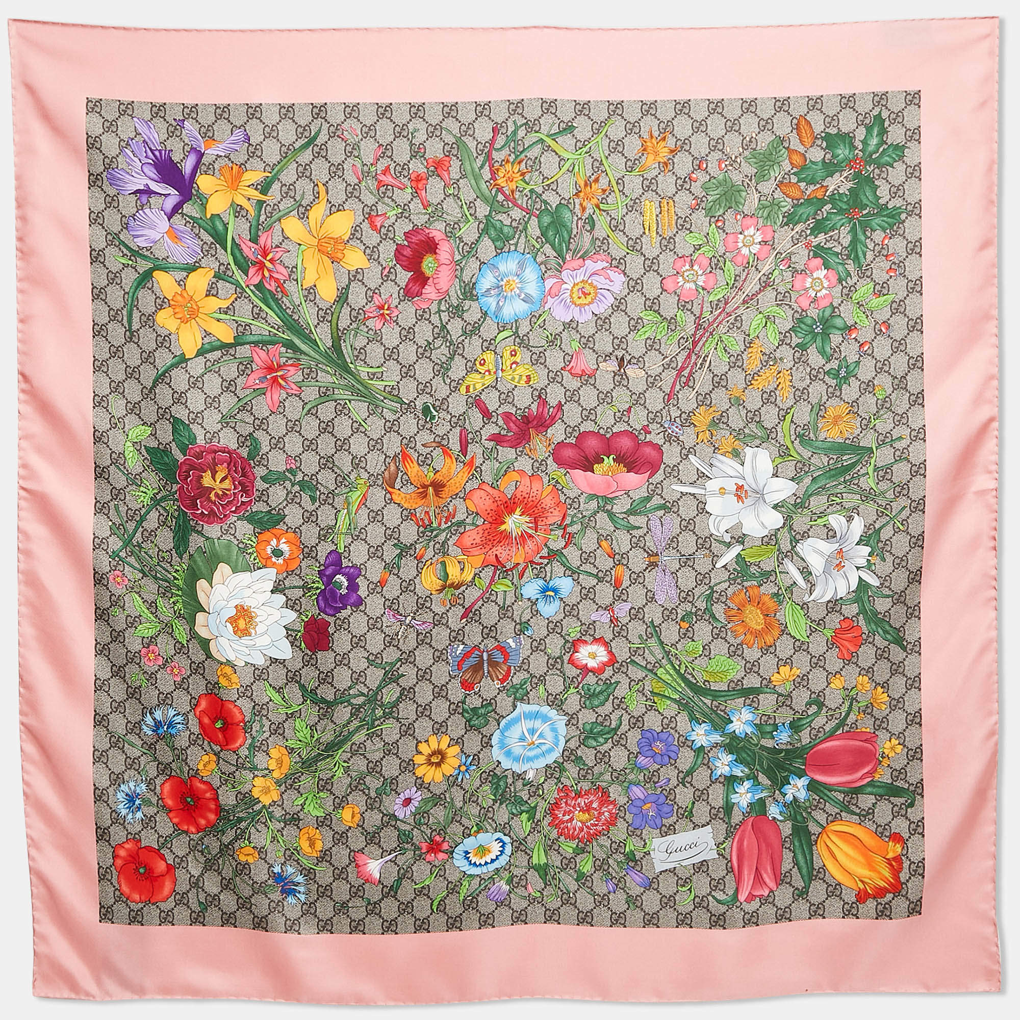 Pre Owned Gucci Brown/Pink GG Flora Print Silk Square Scarf