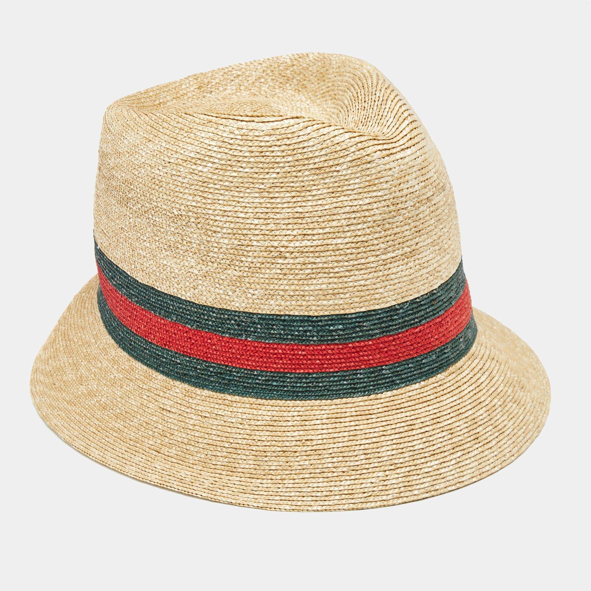 Gucci Brown Web Straw Fedora Hat 