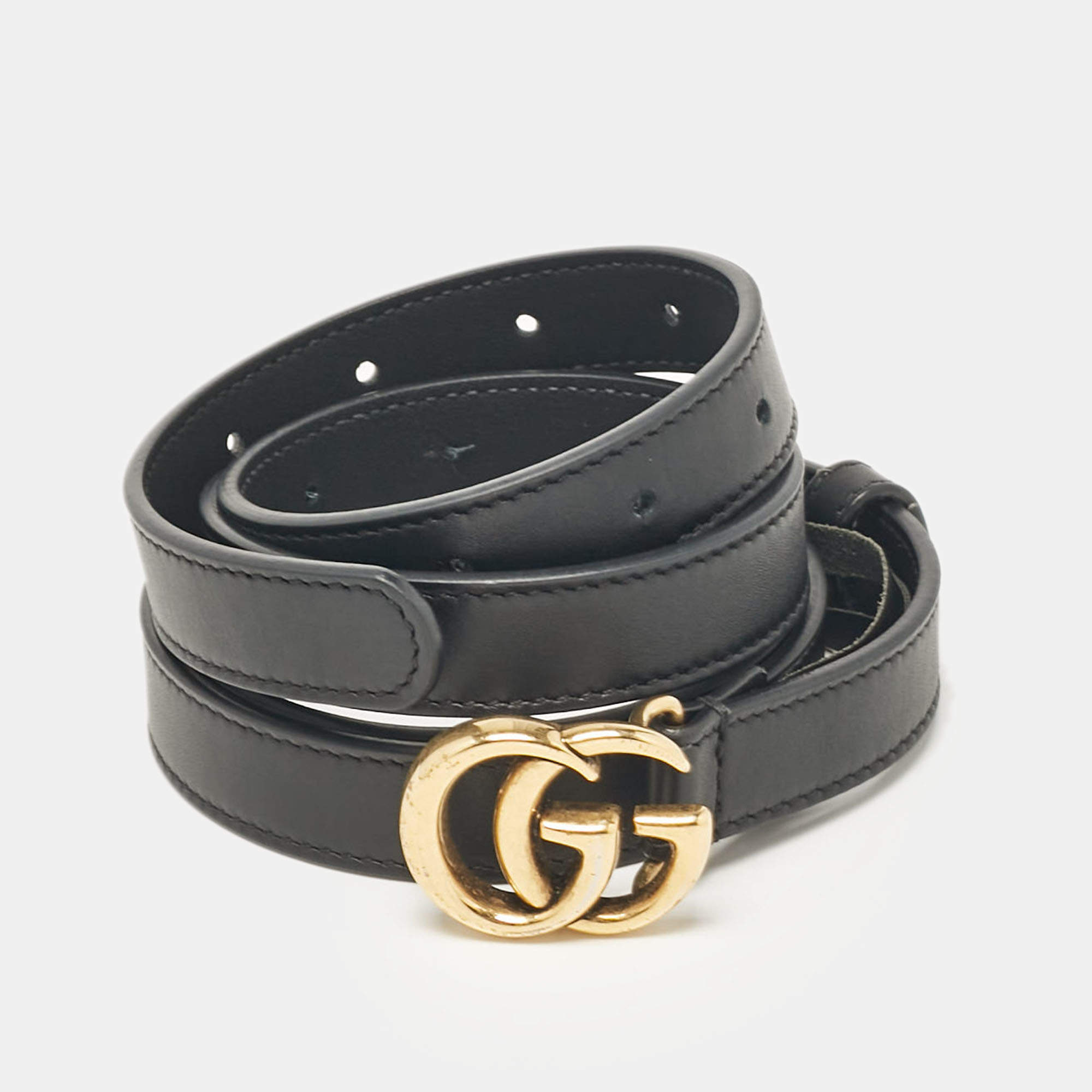 Pre Owned Gucci Black Leather GG Marmont Slim Belt 120 CM