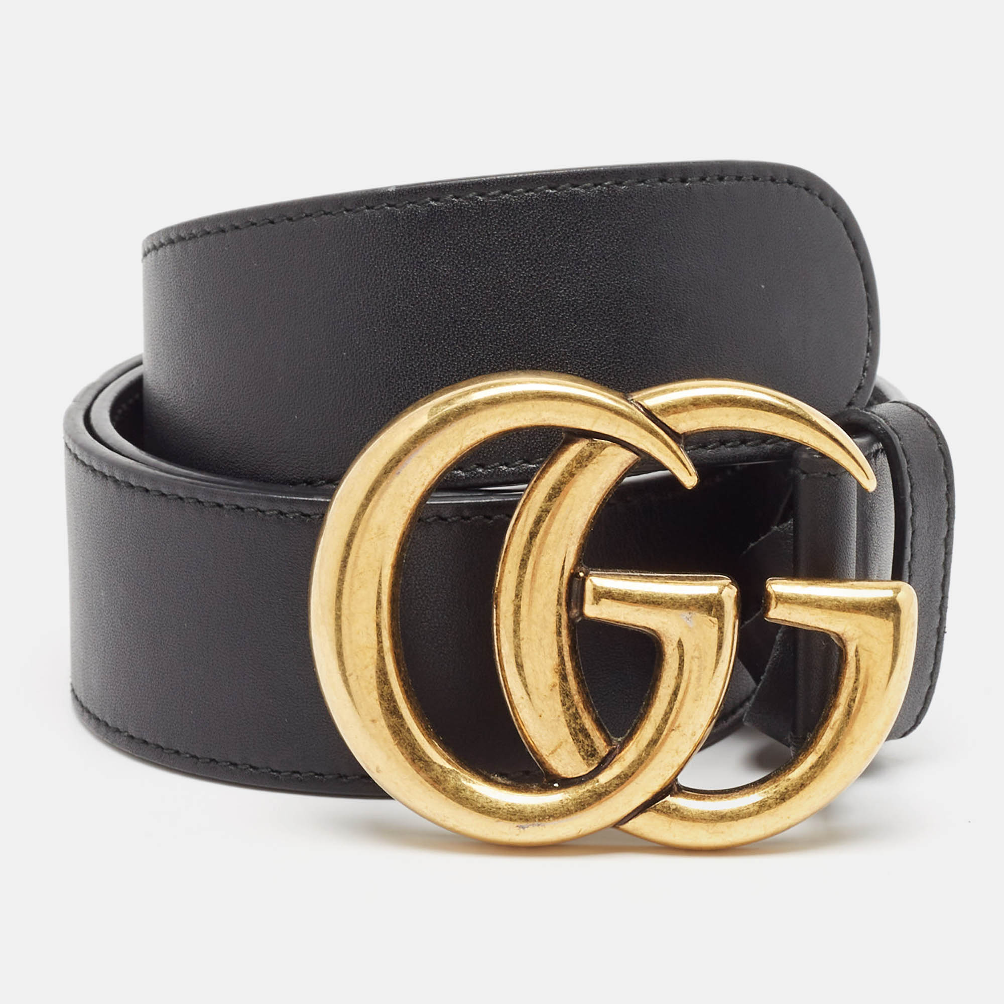 Pre Owned Gucci Black Leather GG Marmont Buckle Belt 75CM