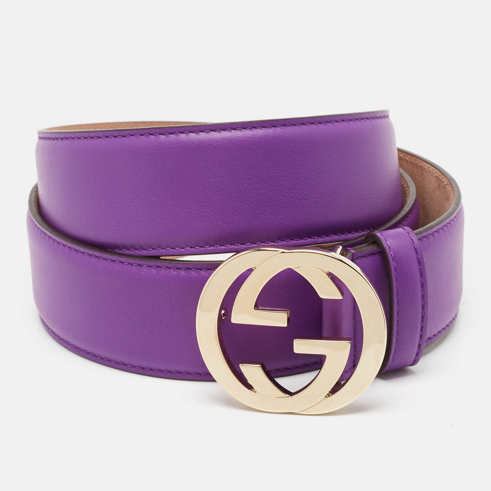 Pre Owned Gucci Purple Leather Interlocking G Buckle Belt 90CM