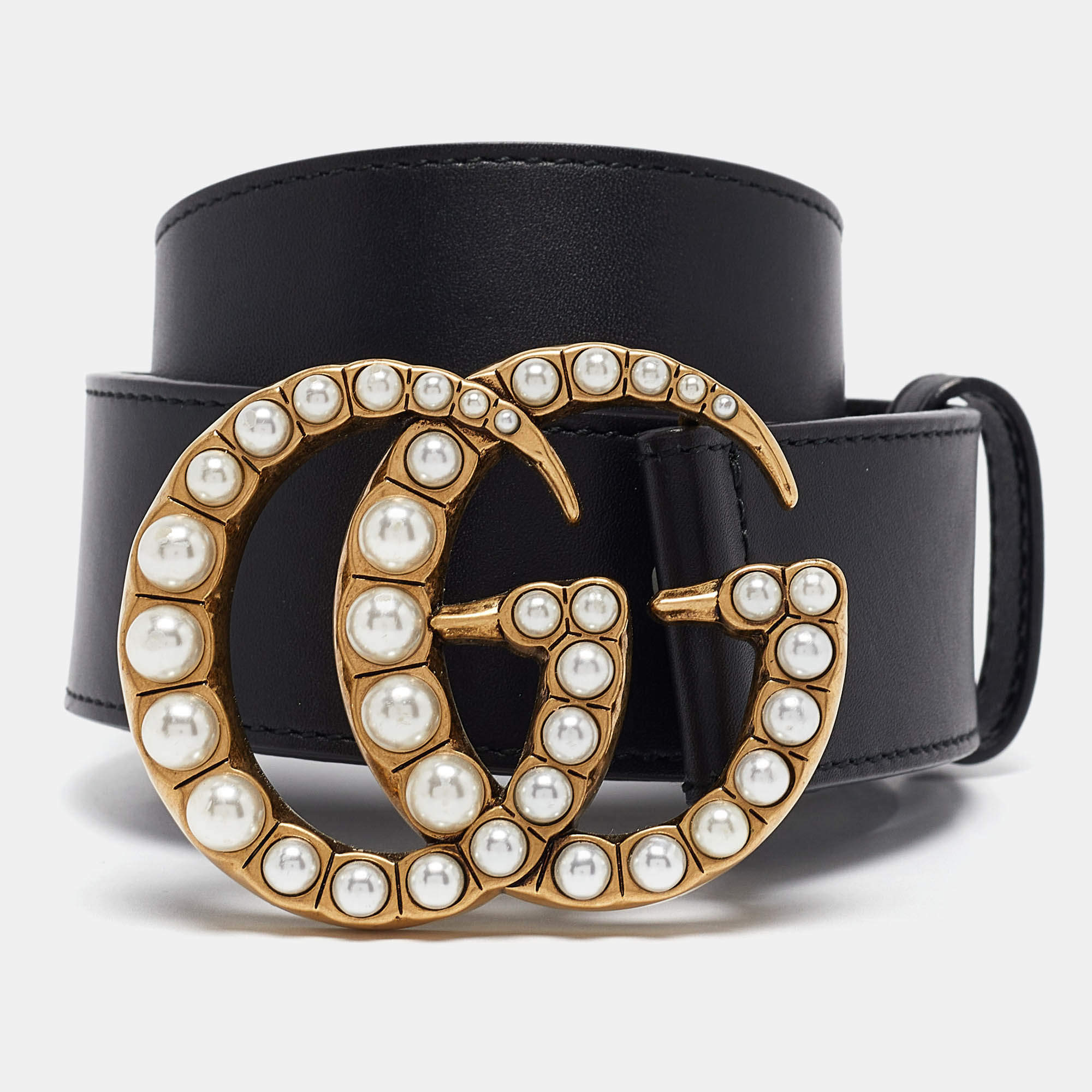Pre Owned Gucci Black Leather GG Marmont Pearl Embellished Buckle Belt 100CM