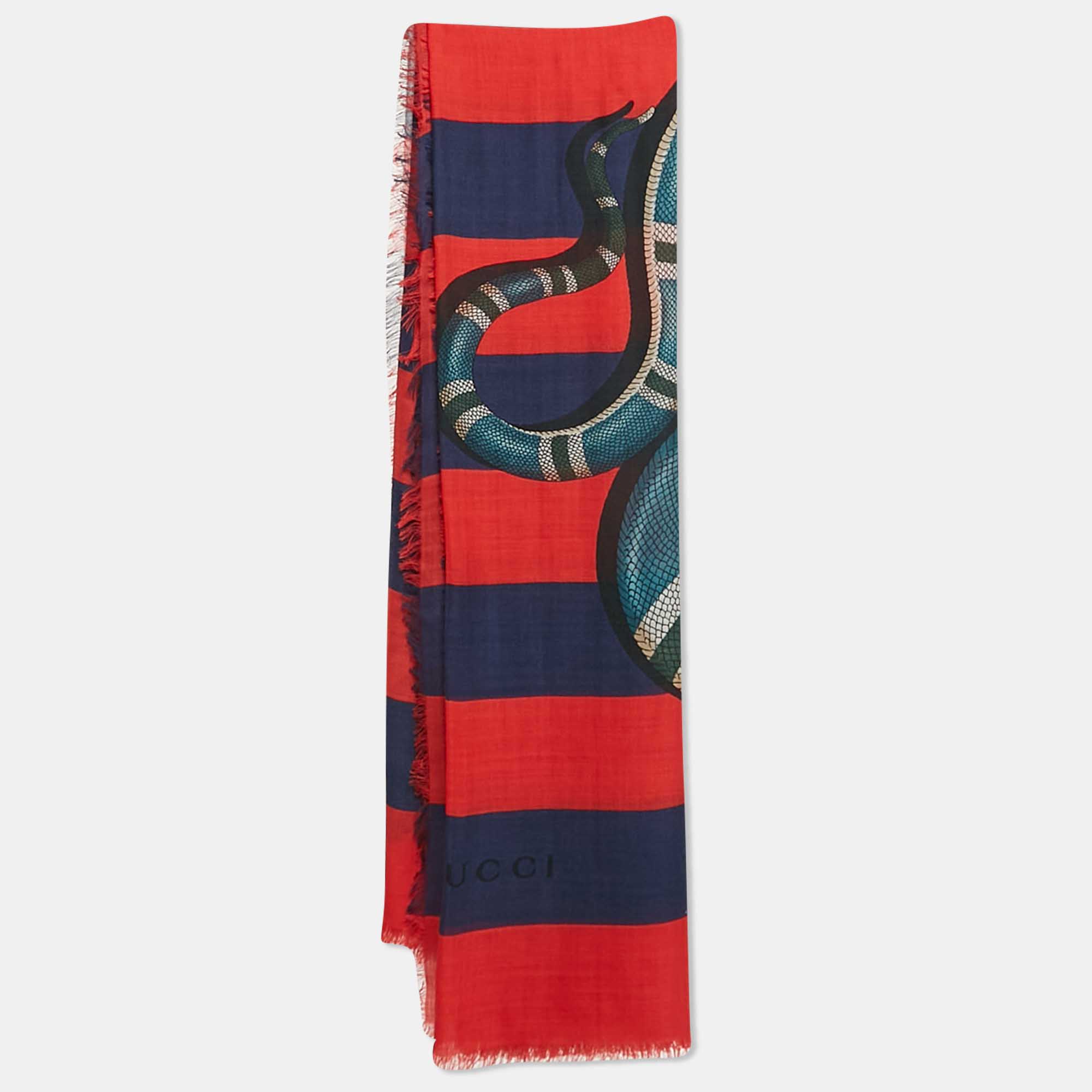 Gucci Red/Blue Kingsnake Print Stripe Silk Scarf 