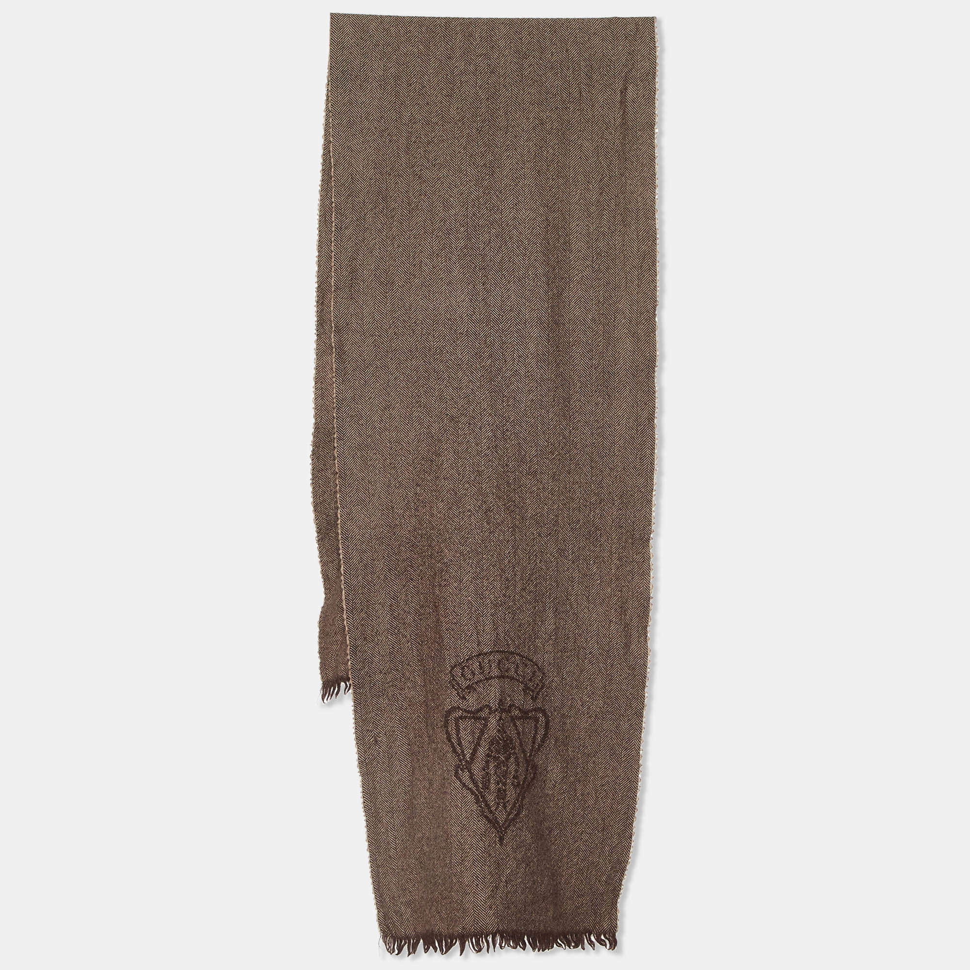 Pre Owned Gucci Brown Logo Detail Herringbone Wool Muffler