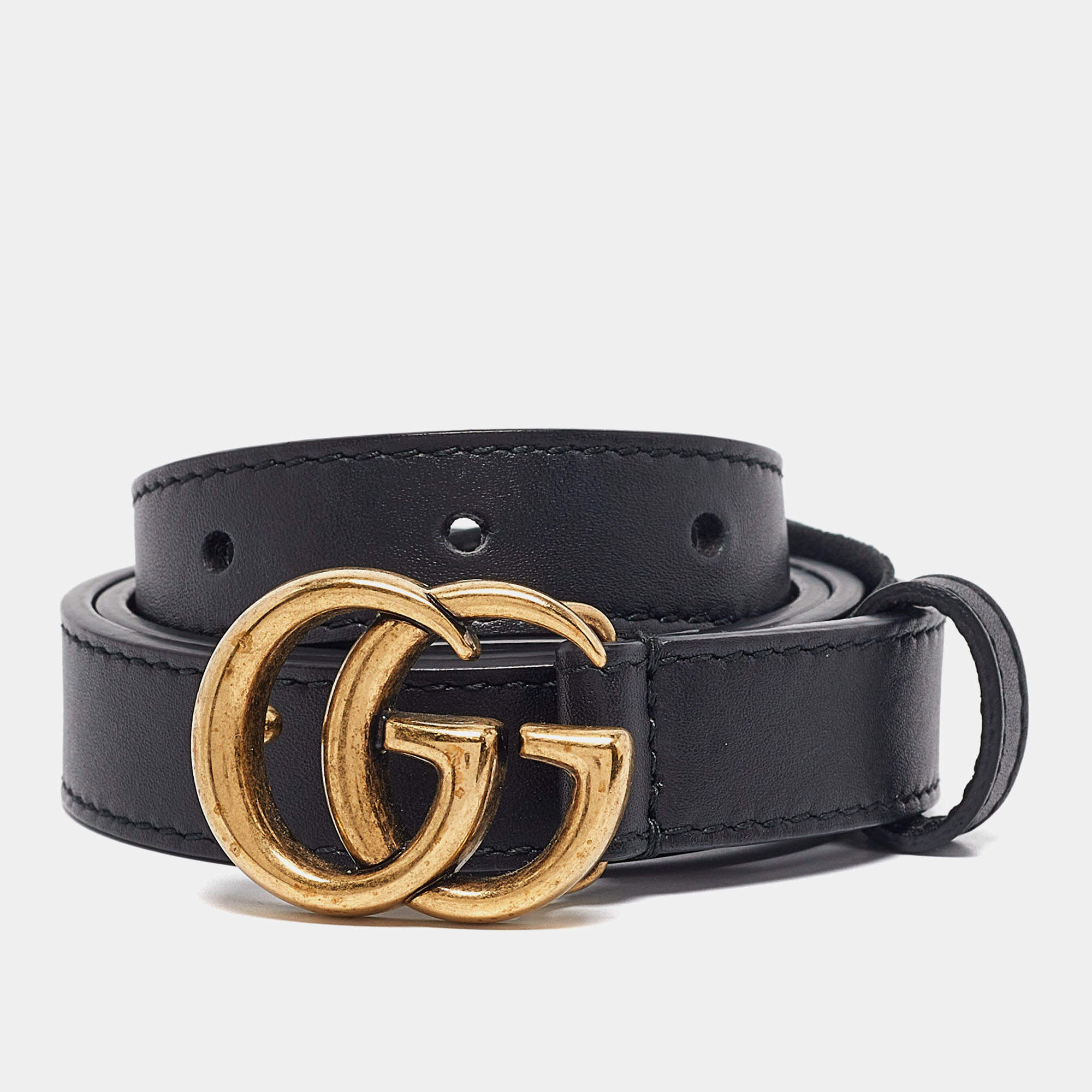 Pre Owned Gucci Black Leather GG Marmont Slim Belt 75 CM