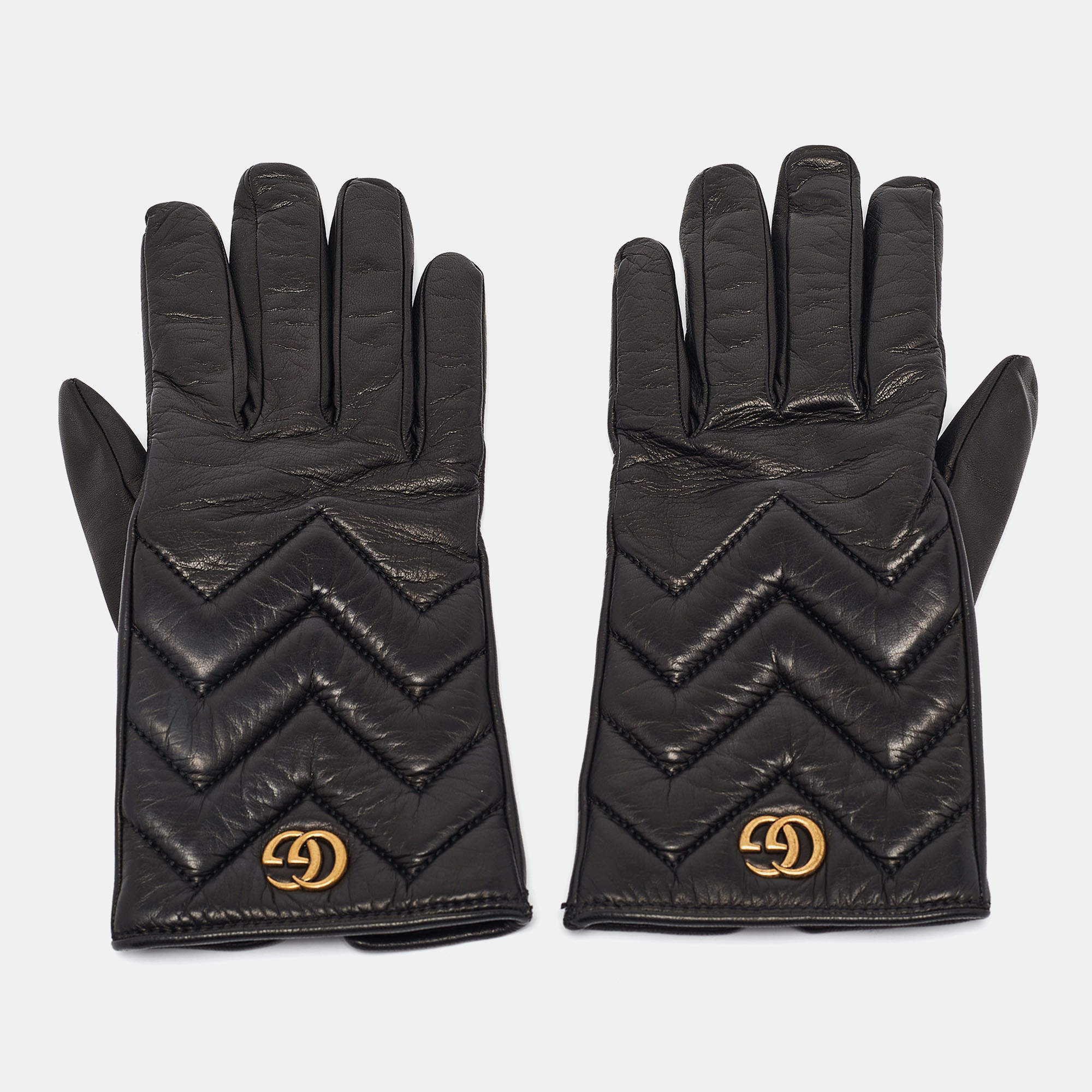 Gucci Black Matelassé Leather GG Marmont Gloves Size 7.5
