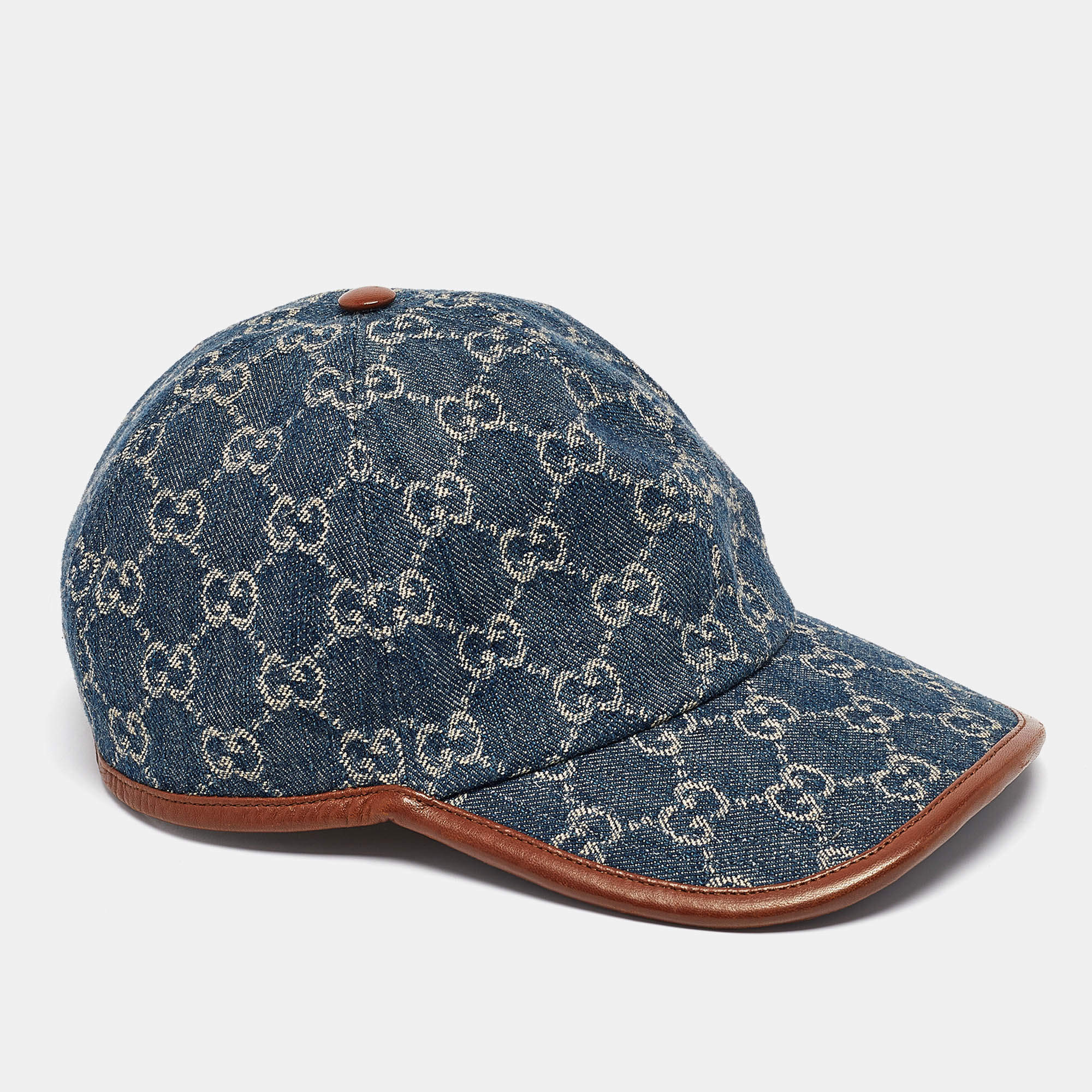 Pre Owned Gucci Blue GG Supreme Jacquard Denim and Leather Baseball Cap 