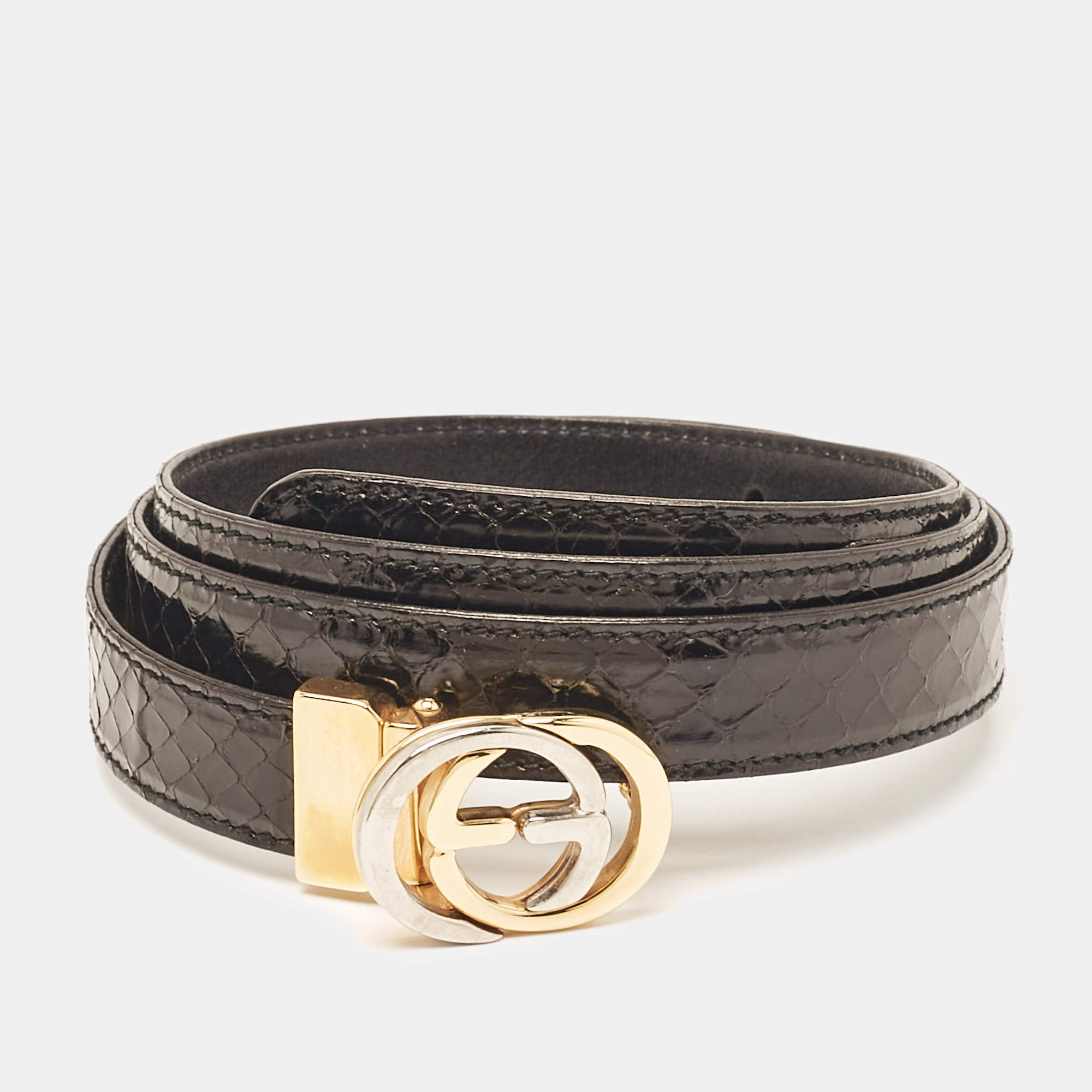Pre Owned Gucci Black Python Vintage Interlocking G Buckle Belt 90 CM