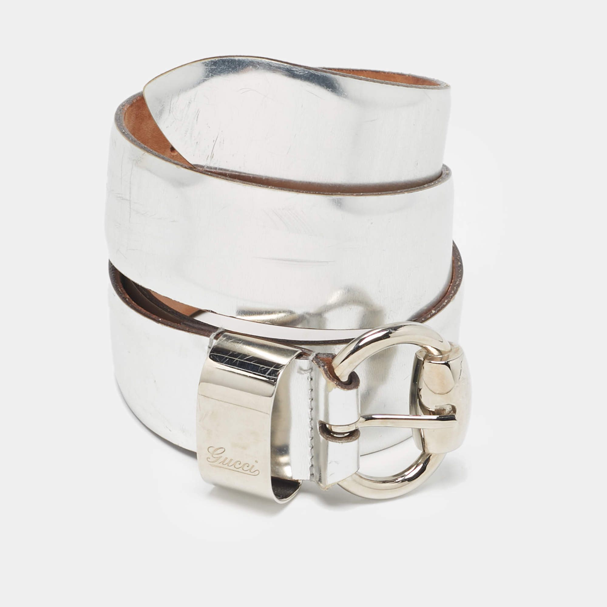 Gucci Silver Leather Horsebit Buckle Belt 80 CM