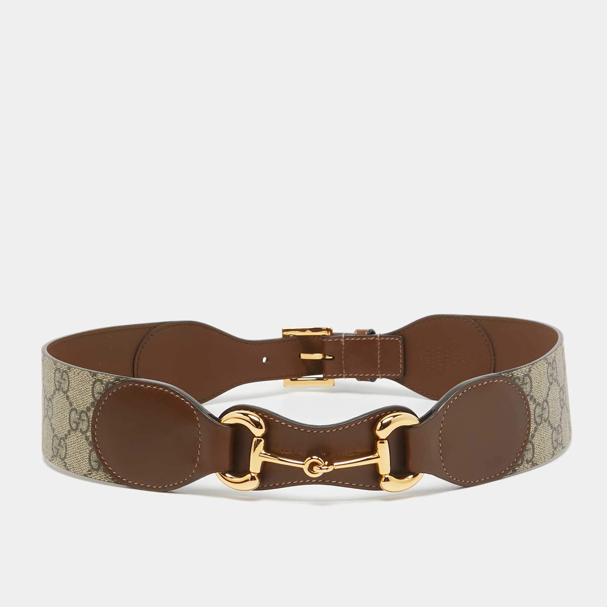 Pre Owned Gucci Brown/Beige GG Supreme Canvas and Leather Horsebit Belt 75CM