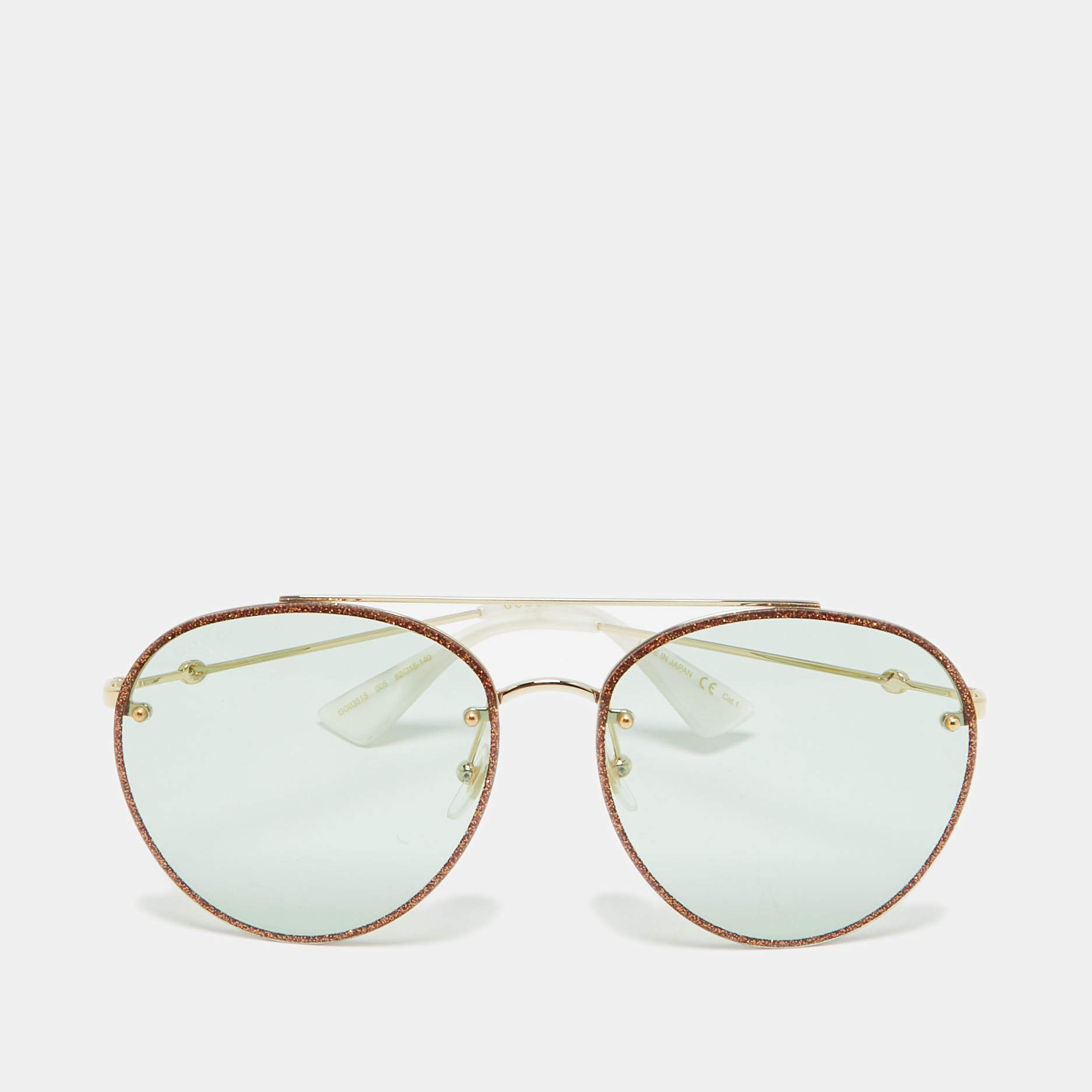 Pre Owned Gucci Light Green/Gold Tone GG0351S Glitter Aviator Sunglasses