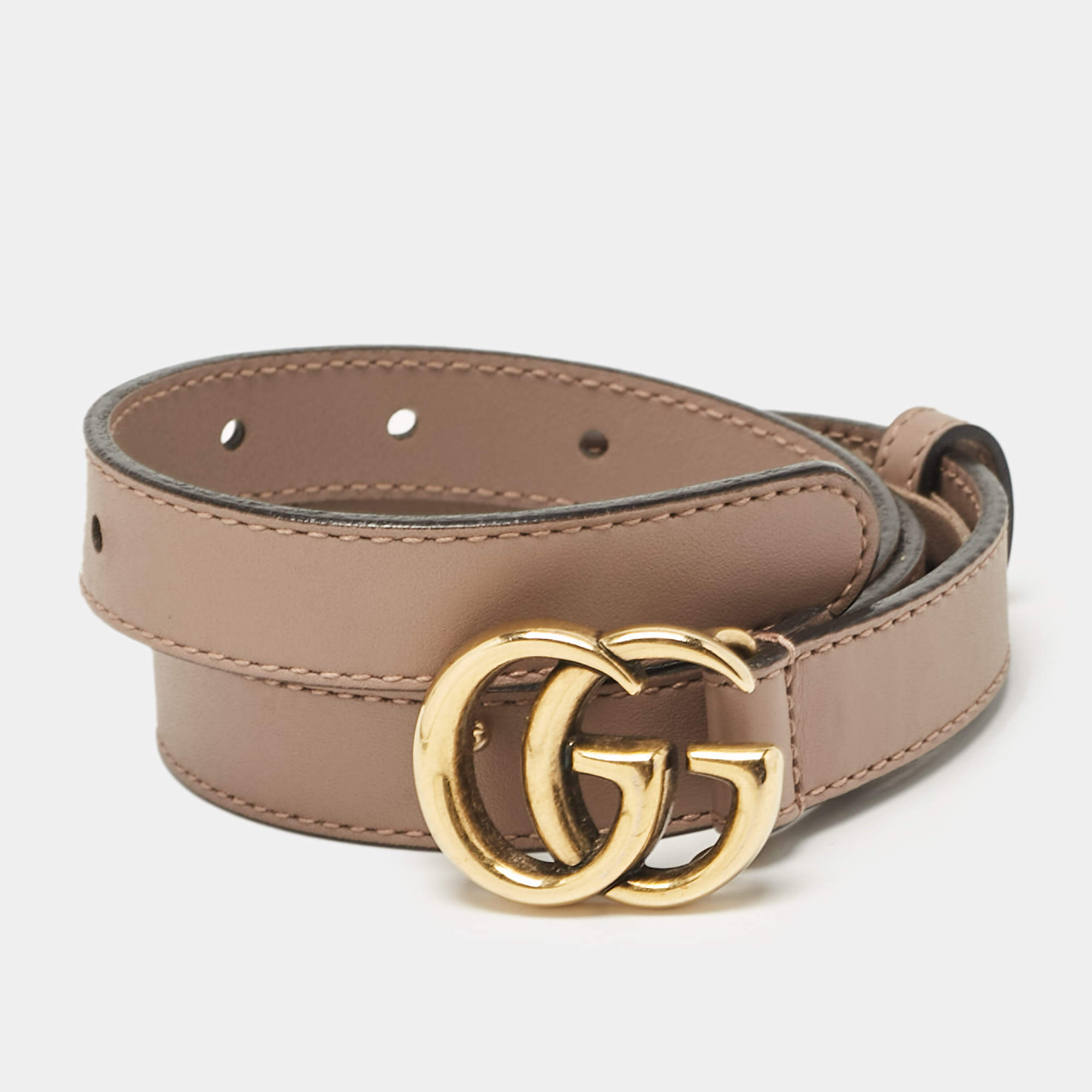 Pre Owned Gucci Beige Leather GG Marmont Slim Belt 75CM