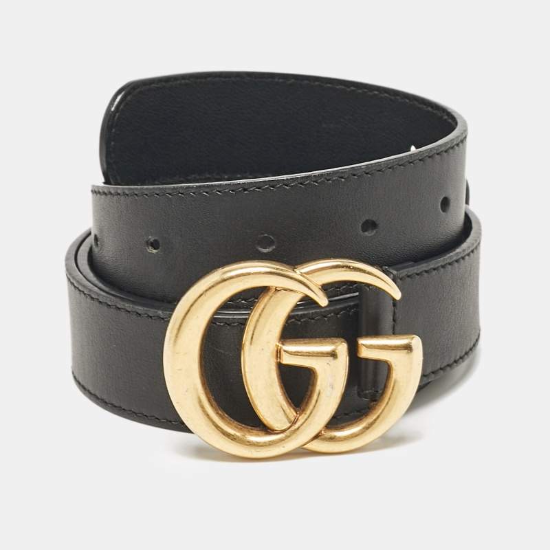 Pre Owned Gucci Black Leather GG Marmont Buckle Belt 90CM