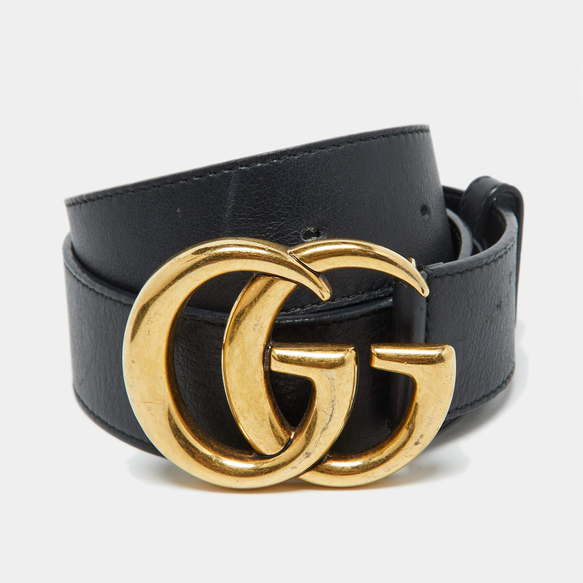 Pre Owned Gucci Black Leather GG Marmont Buckle Belt 80CM