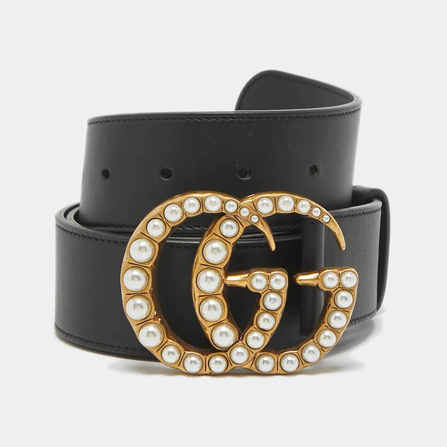 Pre Owned Gucci Black Leather GG Marmont Pearl Belt 90CM