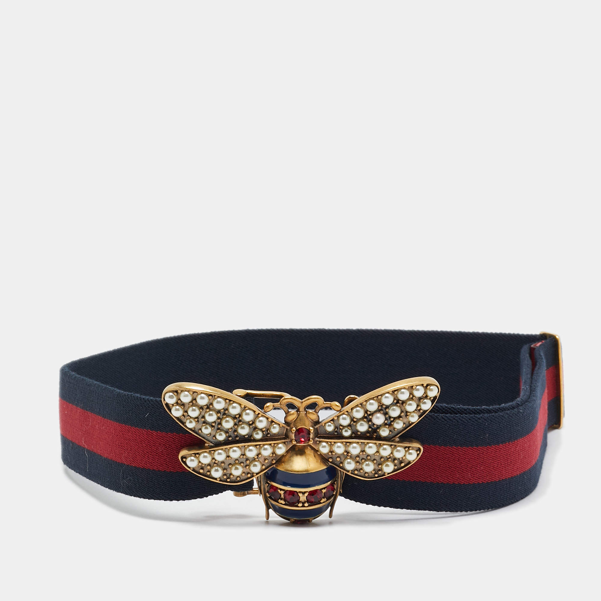 Pre Owned Gucci Navy Blue/Red Web Elastic Fabric Queen Margaret Bee Belt 85CM