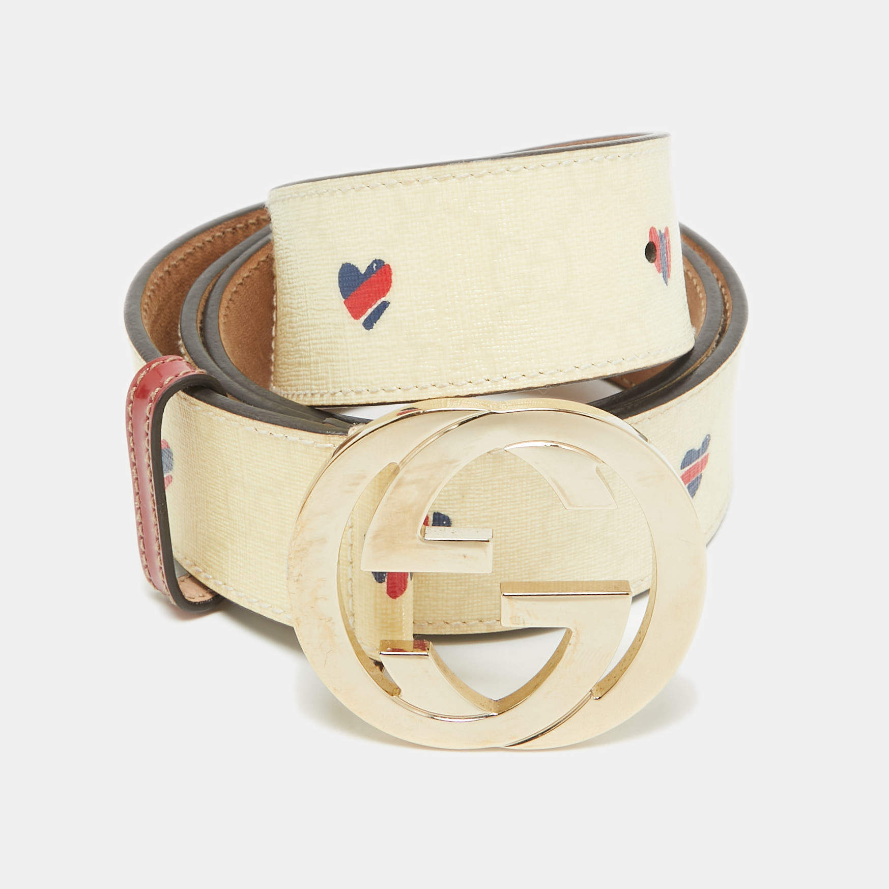 Pre Owned Gucci Beige/Red GG Supreme Canvas Interlocking G Buckle Belt 90CM