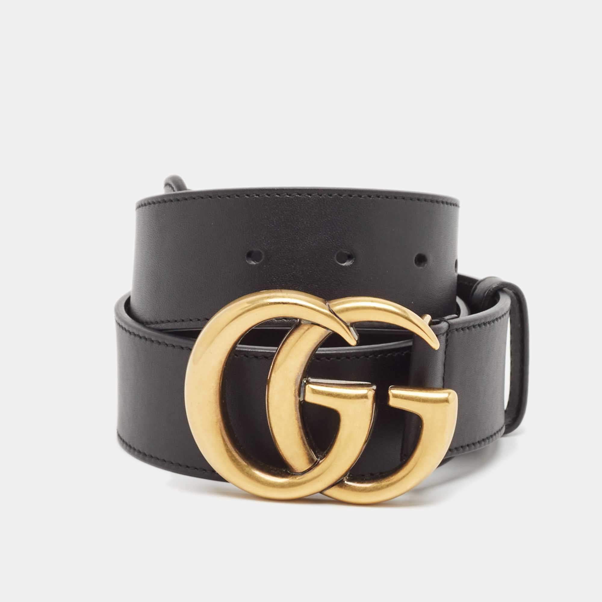 مملوكة مسبقًا Gucci Black Leather GG Marmont Buckle Belt 70CM