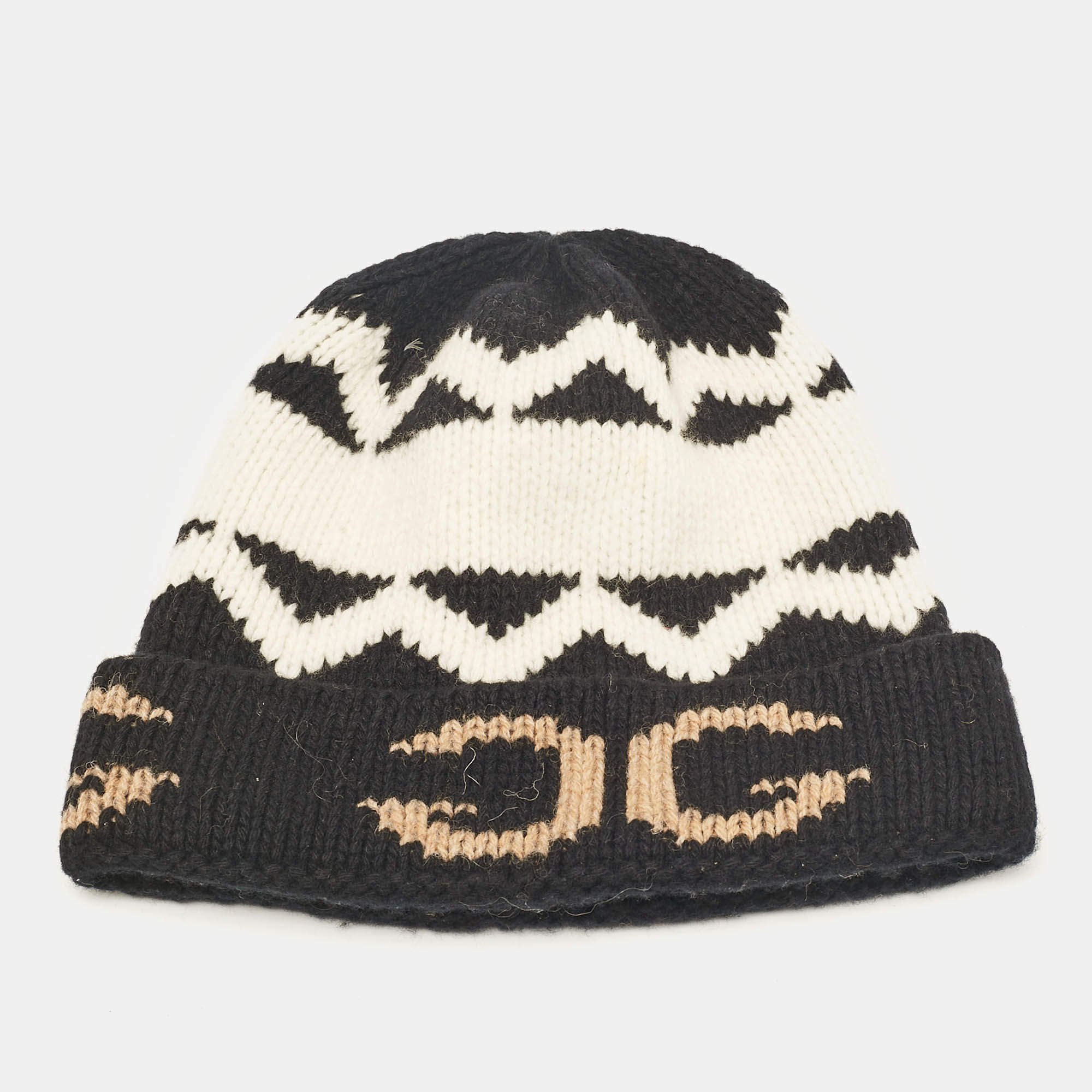 Gucci Black/White GG Wool Rib Knit Beanie L