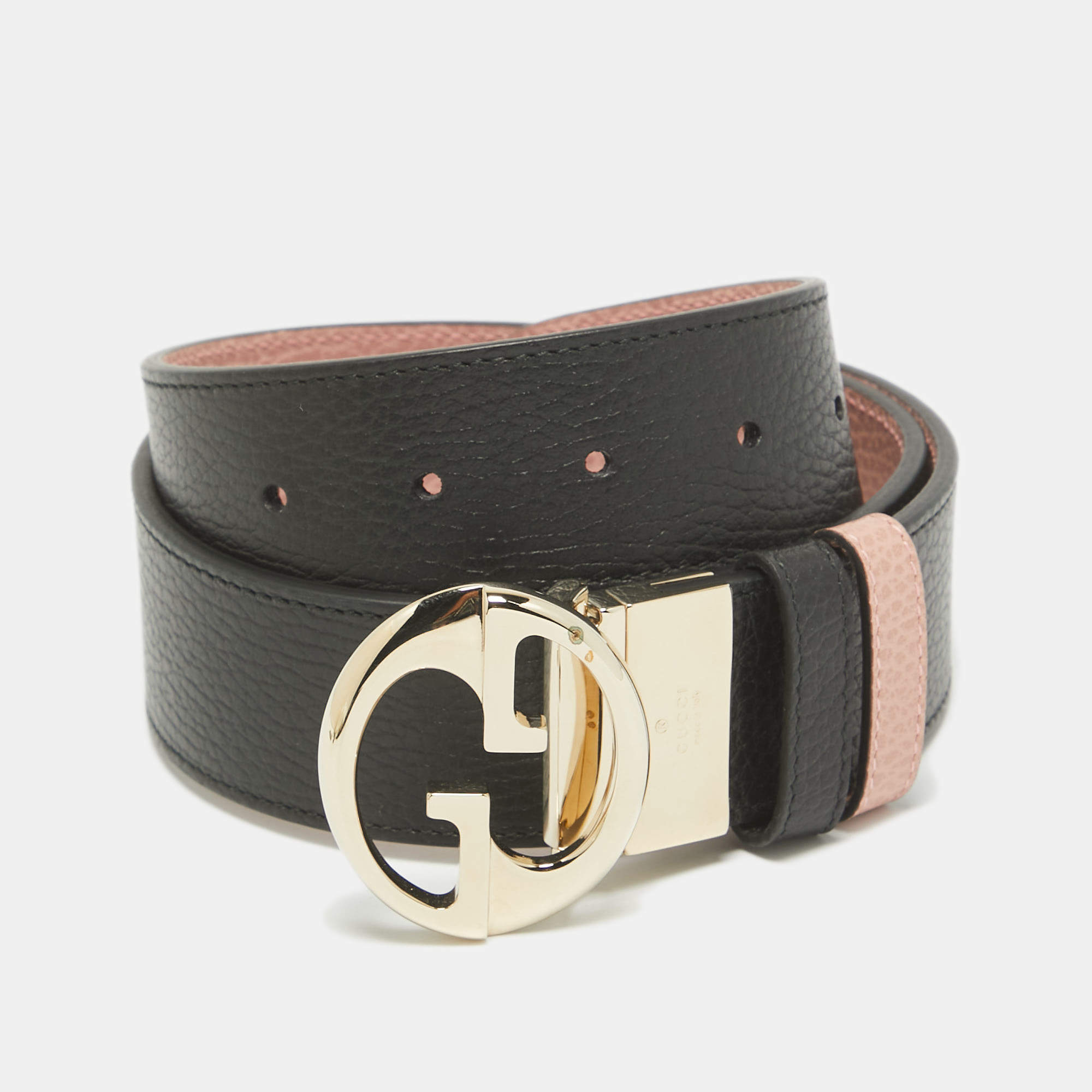 Pre Owned Gucci Black/Pink Leather 1973 Reversible Belt 80 CM