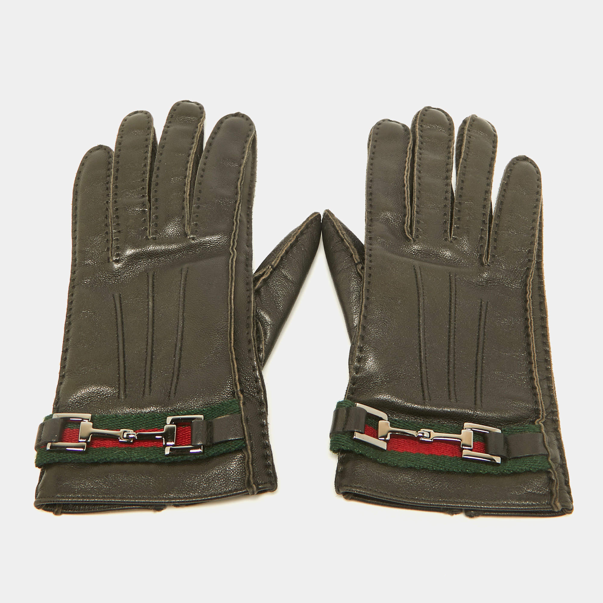 Gucci Brown Leather Web Horsebit Gloves Size 7