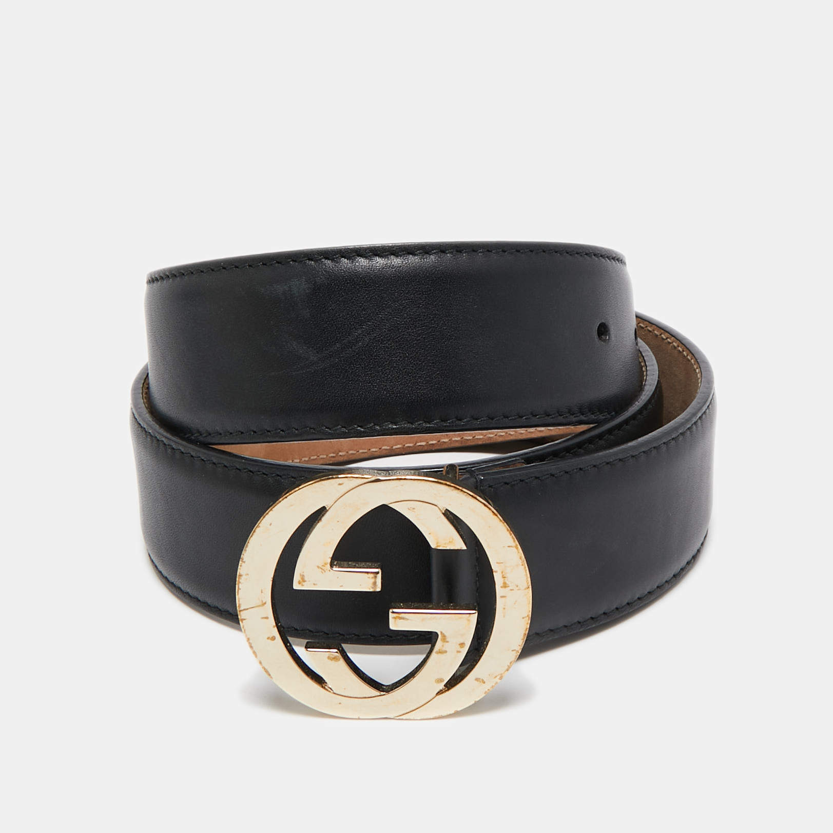 مملوكة مسبقًا Gucci Black Leather Interlocking G Buckle Belt 85CM