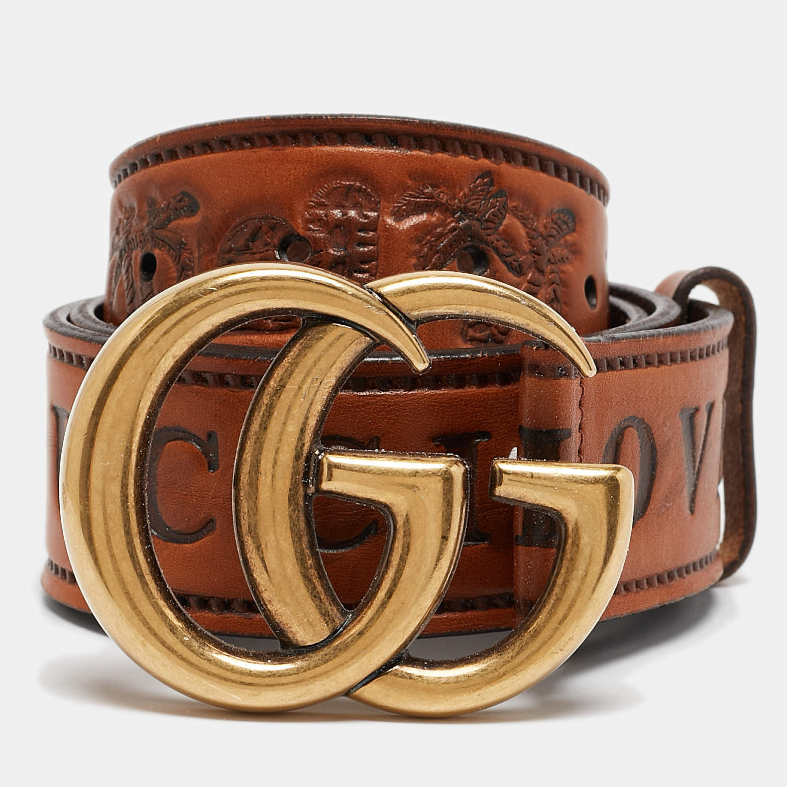 Pre Owned Gucci Brown Leather Loved Double G Buckle Belt 85CM