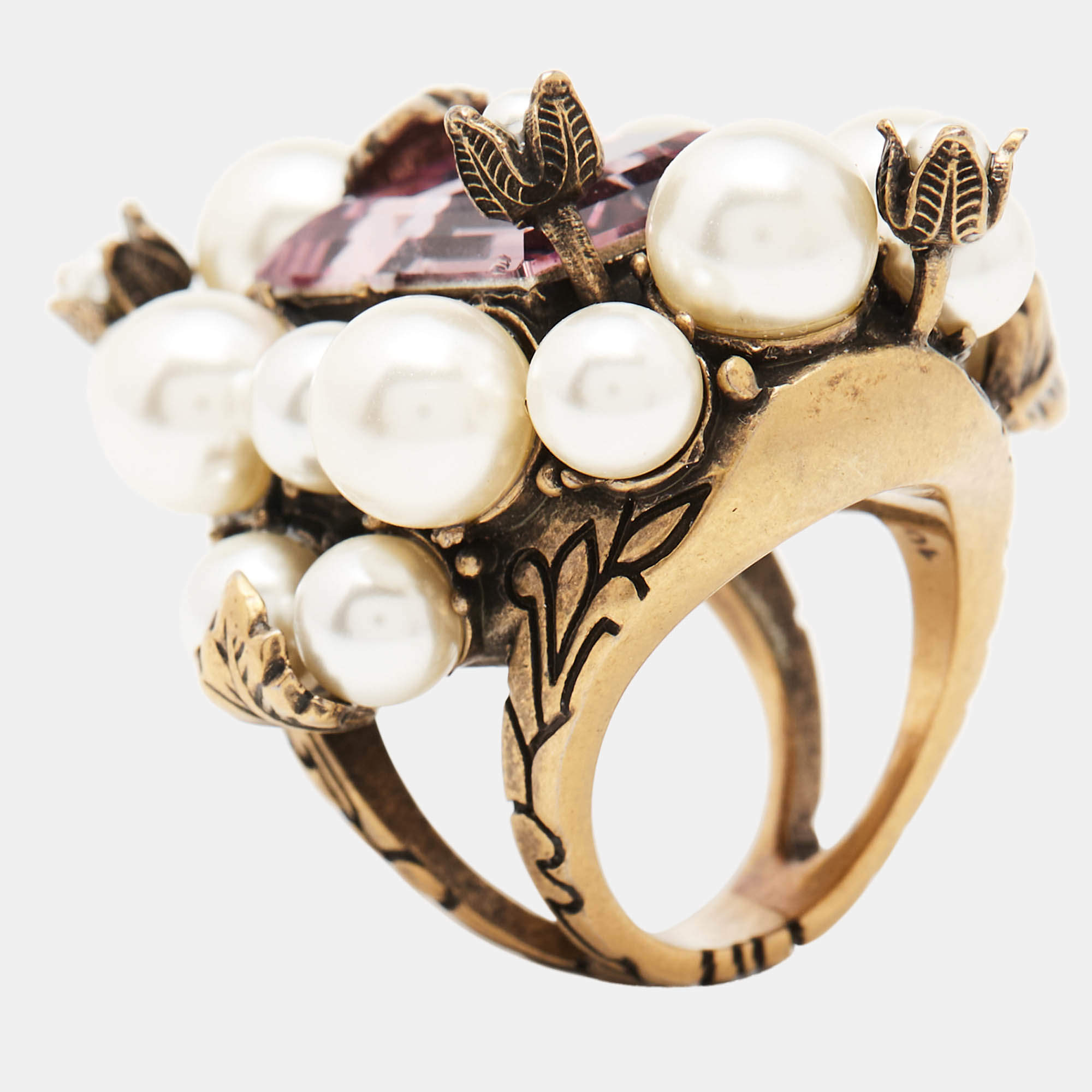 Gucci Crytstals Faux Pearl Gold Tone Ring Size 50