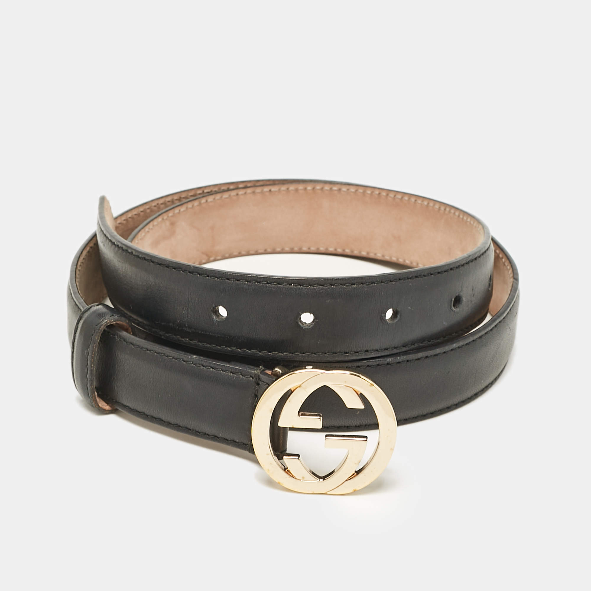 Pre Owned Gucci Black Leather Interlocking G Slim Buckle Belt 80CM