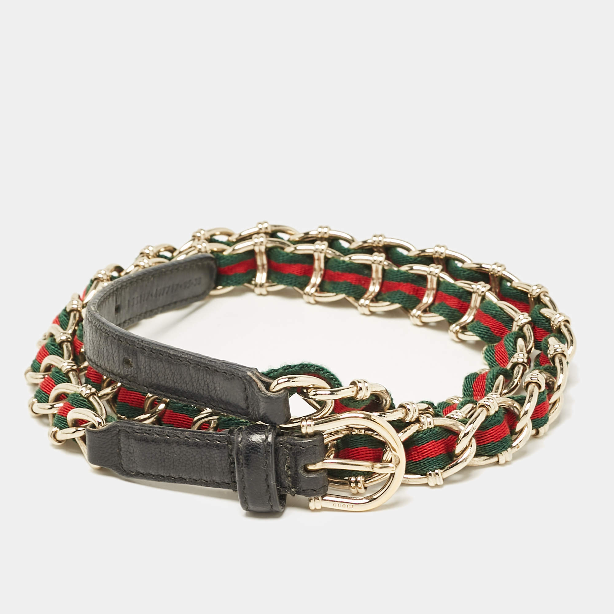 Gucci Black Leather and Web Canvas Chain Detail Slim Buckle Belt 95CM